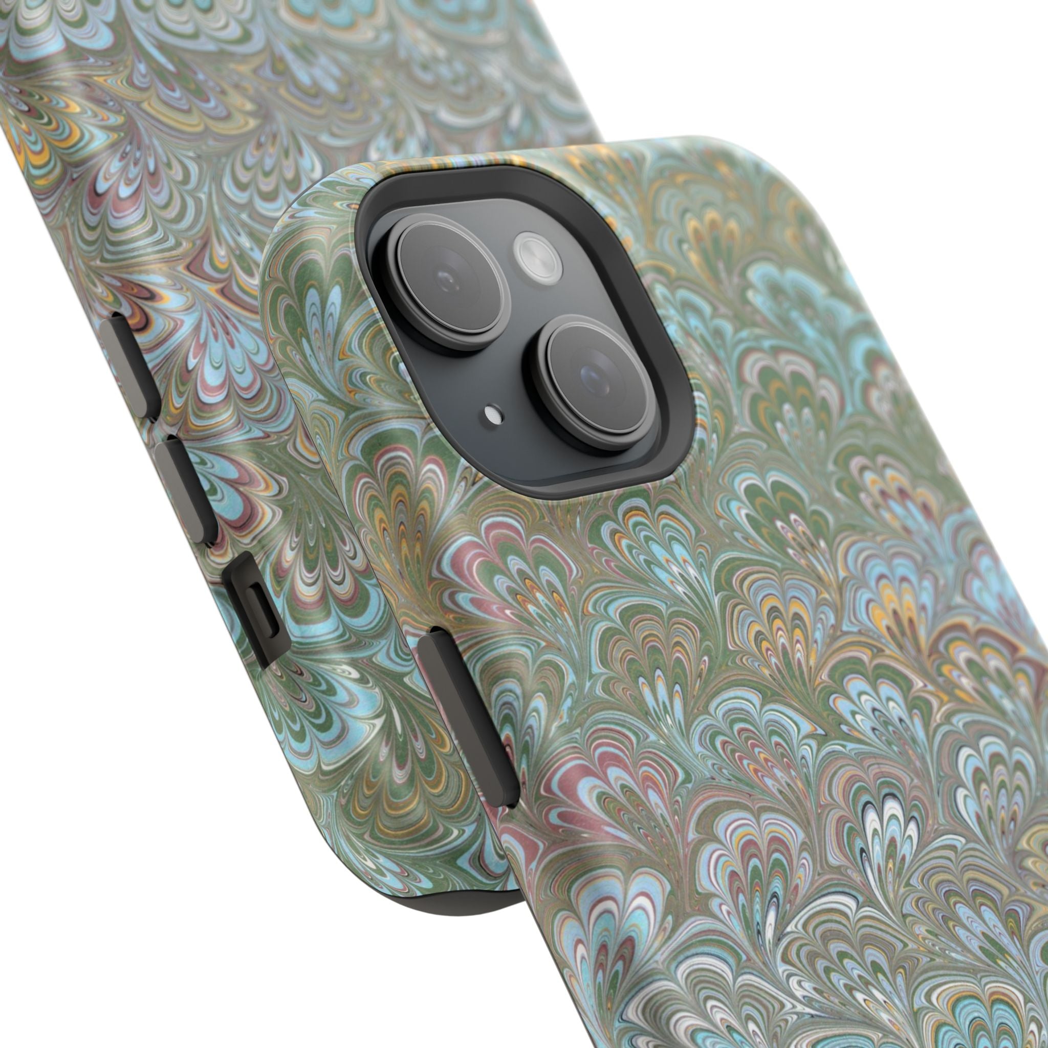 Green, Blue, + White Marbled Peacock - Dual Layer MAG SAFE Phone Case