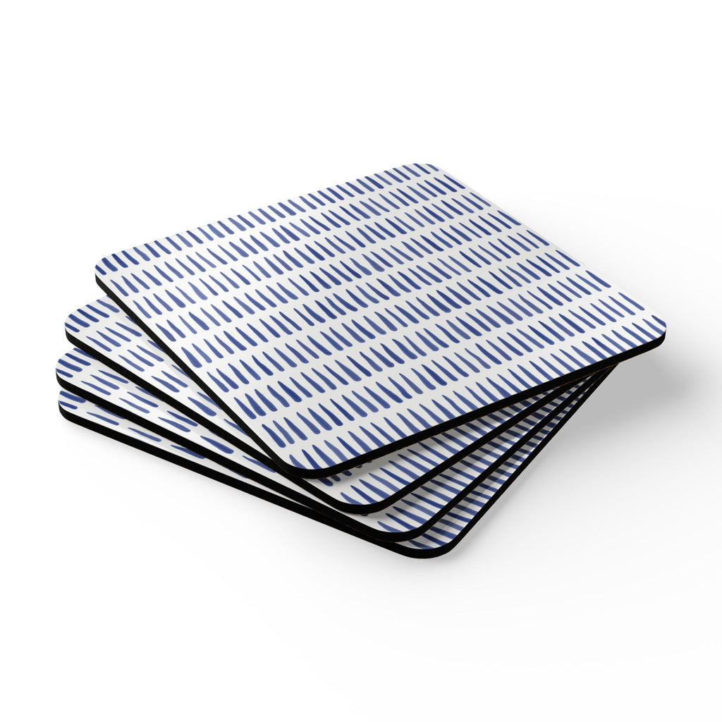 Blue Tally Pattern Cork Coaster Set - Modern Minimalist Drink Coasters (4-Pack)