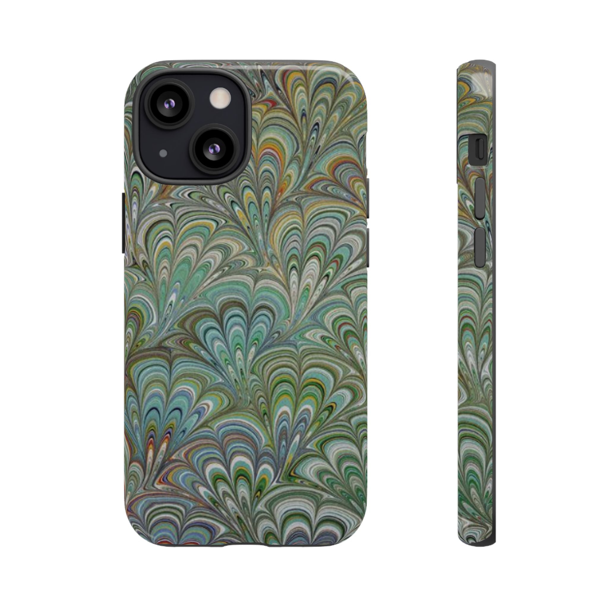 Green Marbled Peacock Durable Phone Case - Olive Green and Brown - Matte or Glossy