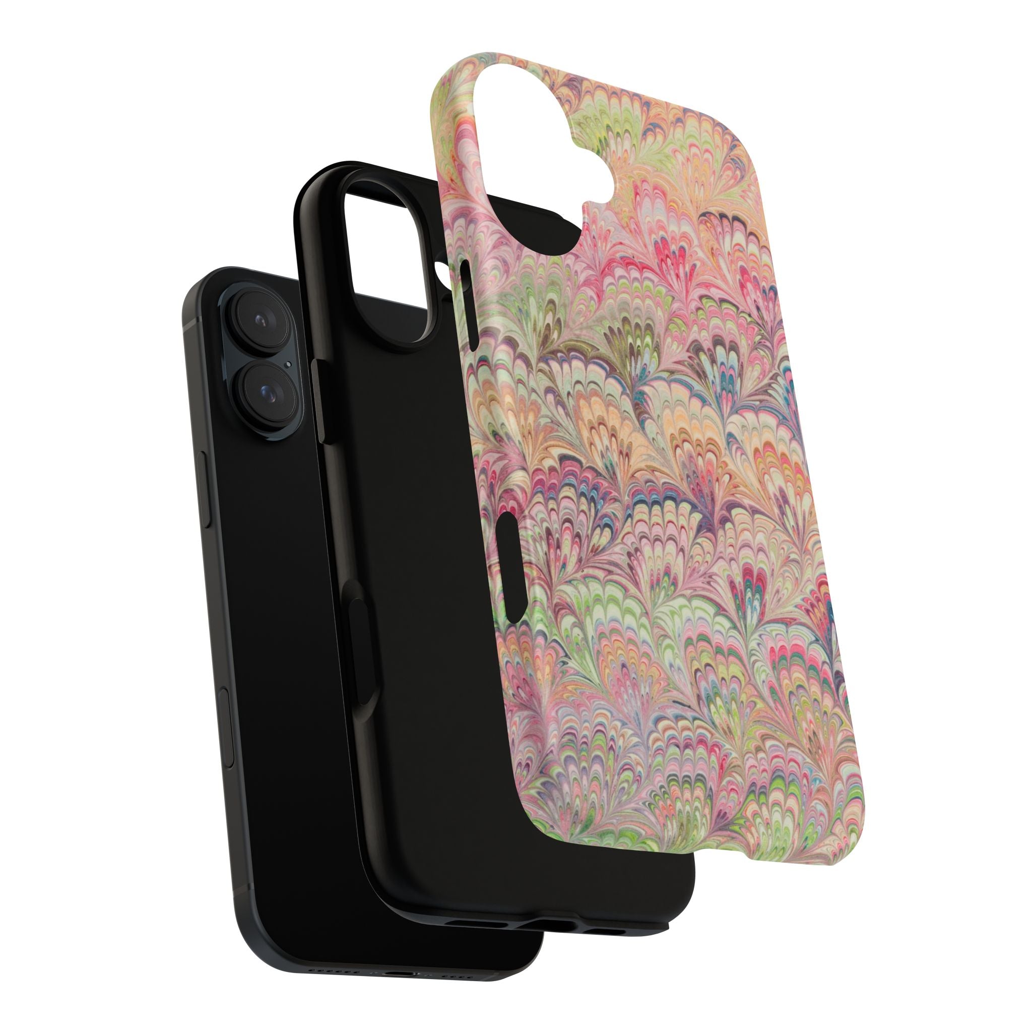 Pastel Pink + Green Feather Marbled Phone Case - Dual Layer Phone Cover
