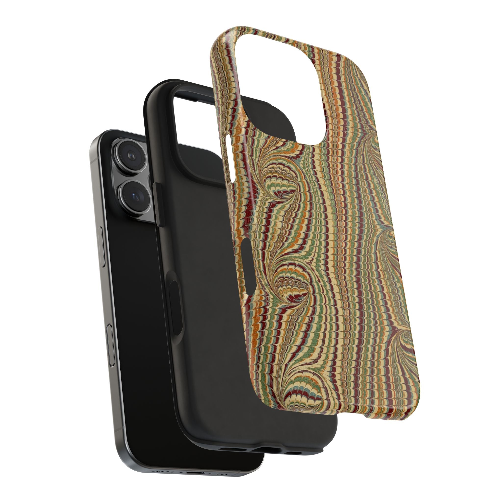 Vintage Fall Colors Marbled Peacock Feather Dual Layer Phone Case - Burgundy, Green, Beige, Gold Swirl