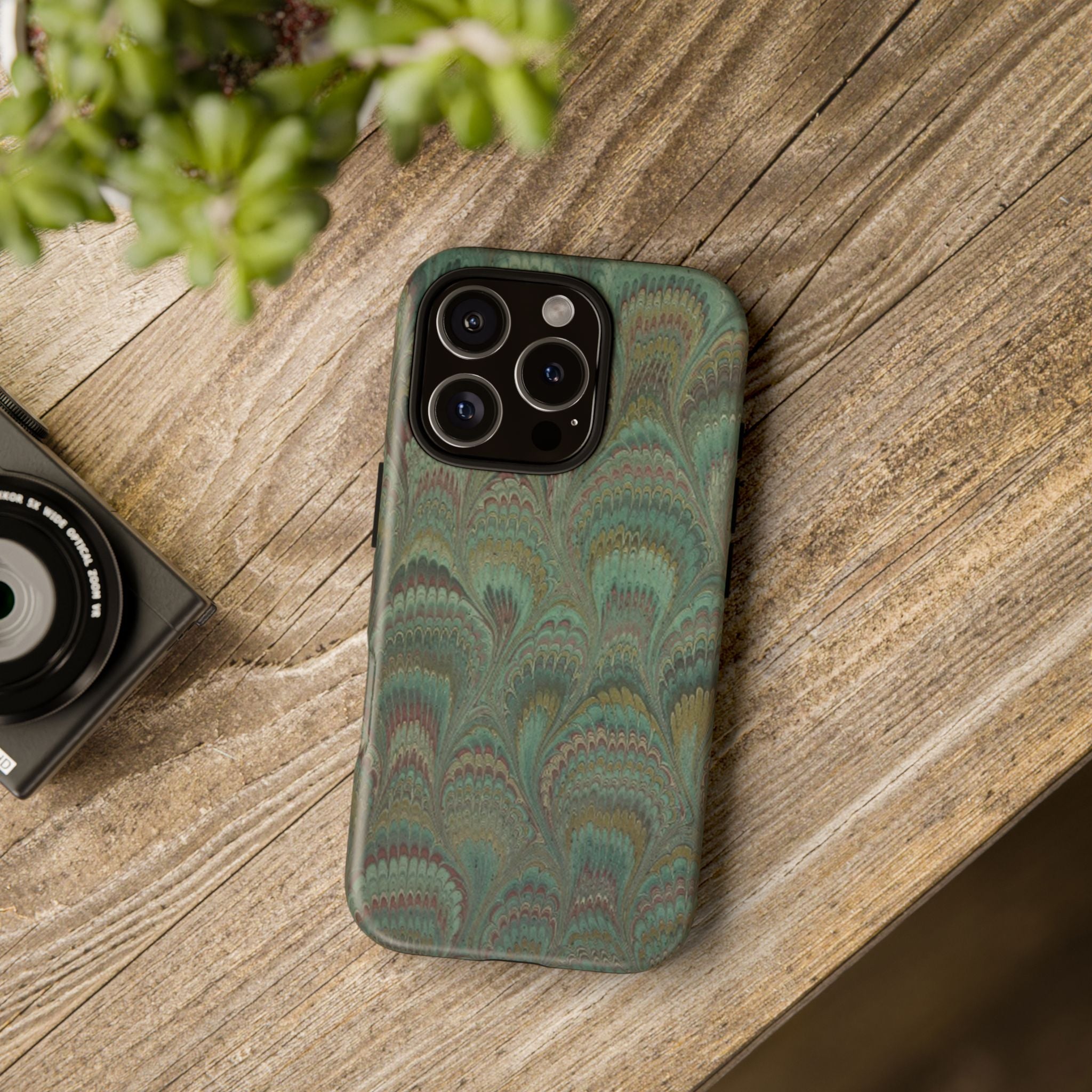 Marbled Peacock Durable Phone Case - Olive Green and Brown - Matte or Glossy