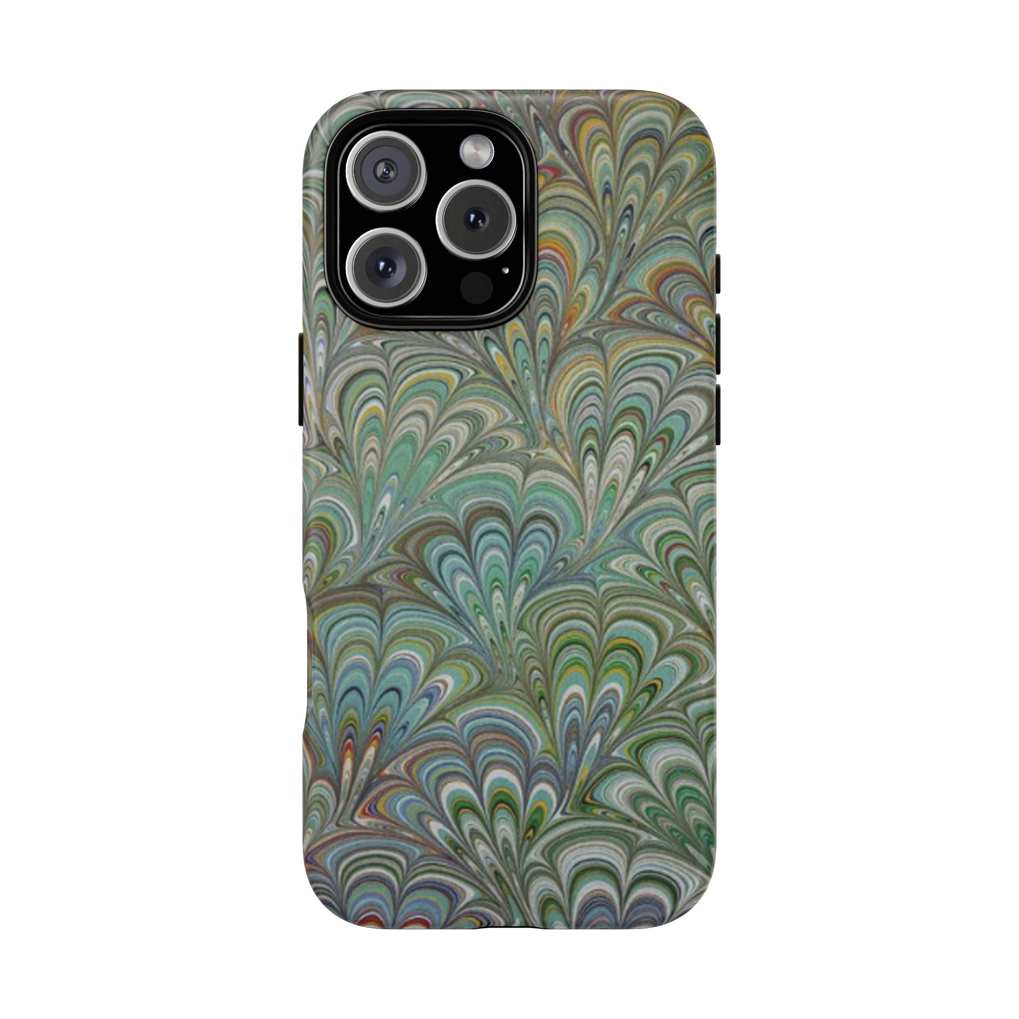 Green Marbled Peacock Durable Phone Case - Olive Green and Brown - Matte or Glossy