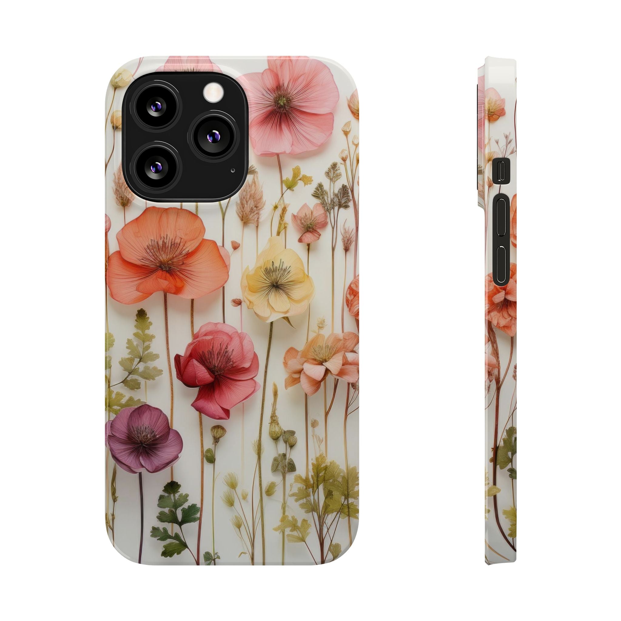 Slim Phone Case - Pink Floral Pressed Flowers iPhone 17 and Other Sizes - Glossy Finish