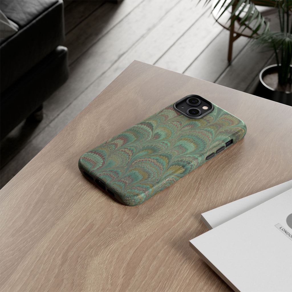 Marbled Peacock Durable Phone Case - Olive Green and Brown - Matte or Glossy