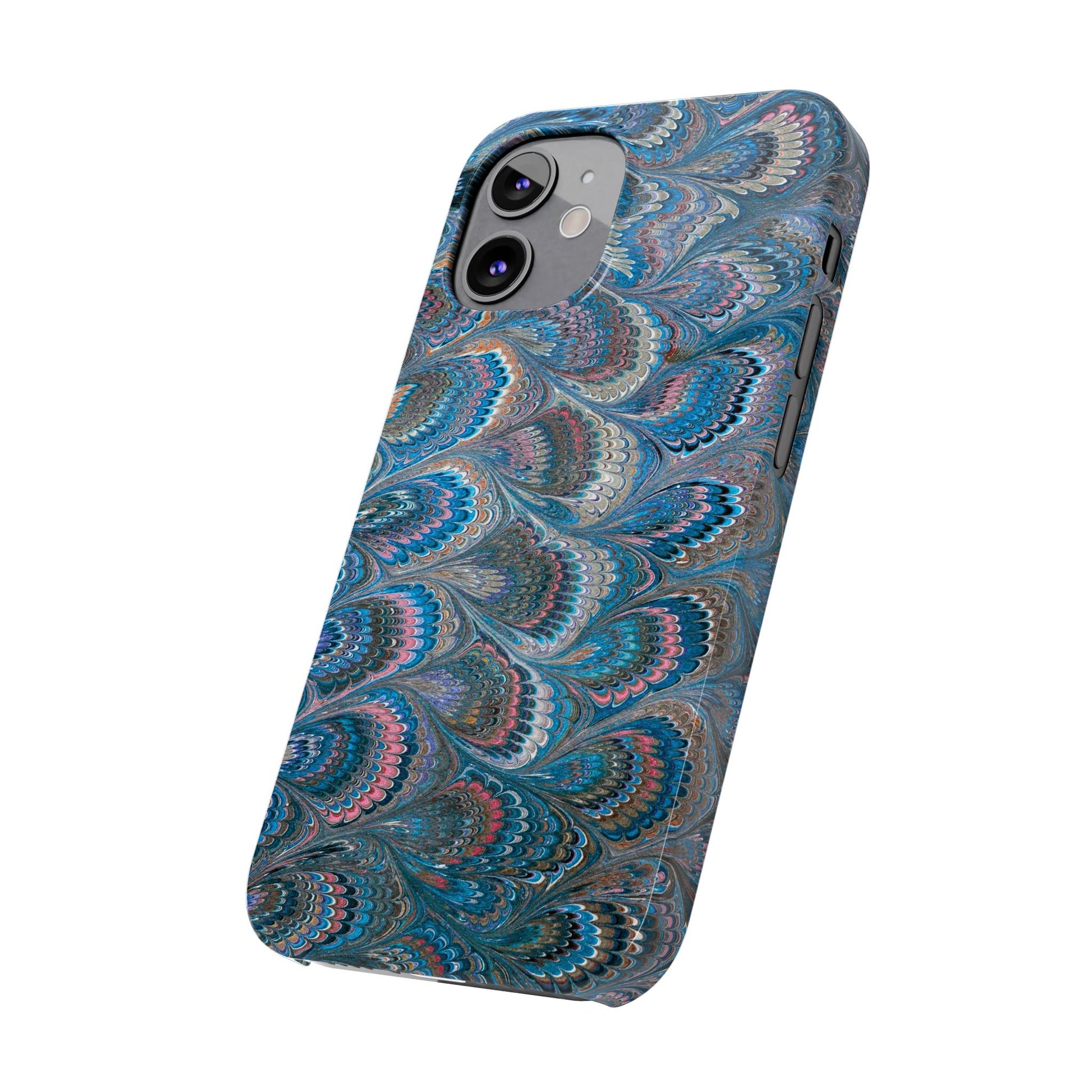Blue and Pink FEATHER PEACKOCK Marbled VIntage Design, Italian Feather Phone Case, Slim Phone Cases, IPHONE 16 and all sizes