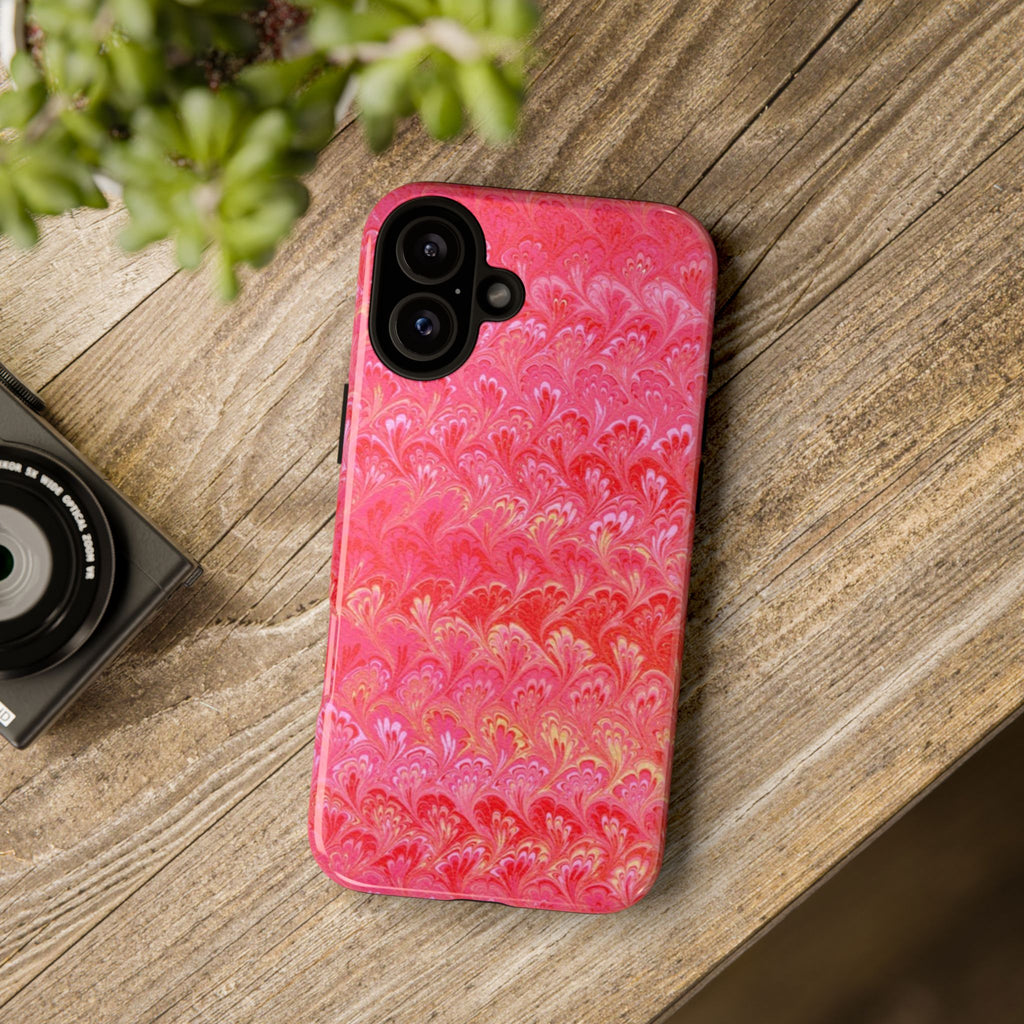 Pink and Gold Marbled Peacock Durable Phone Case - Olive Green and Brown - Matte or Glossy