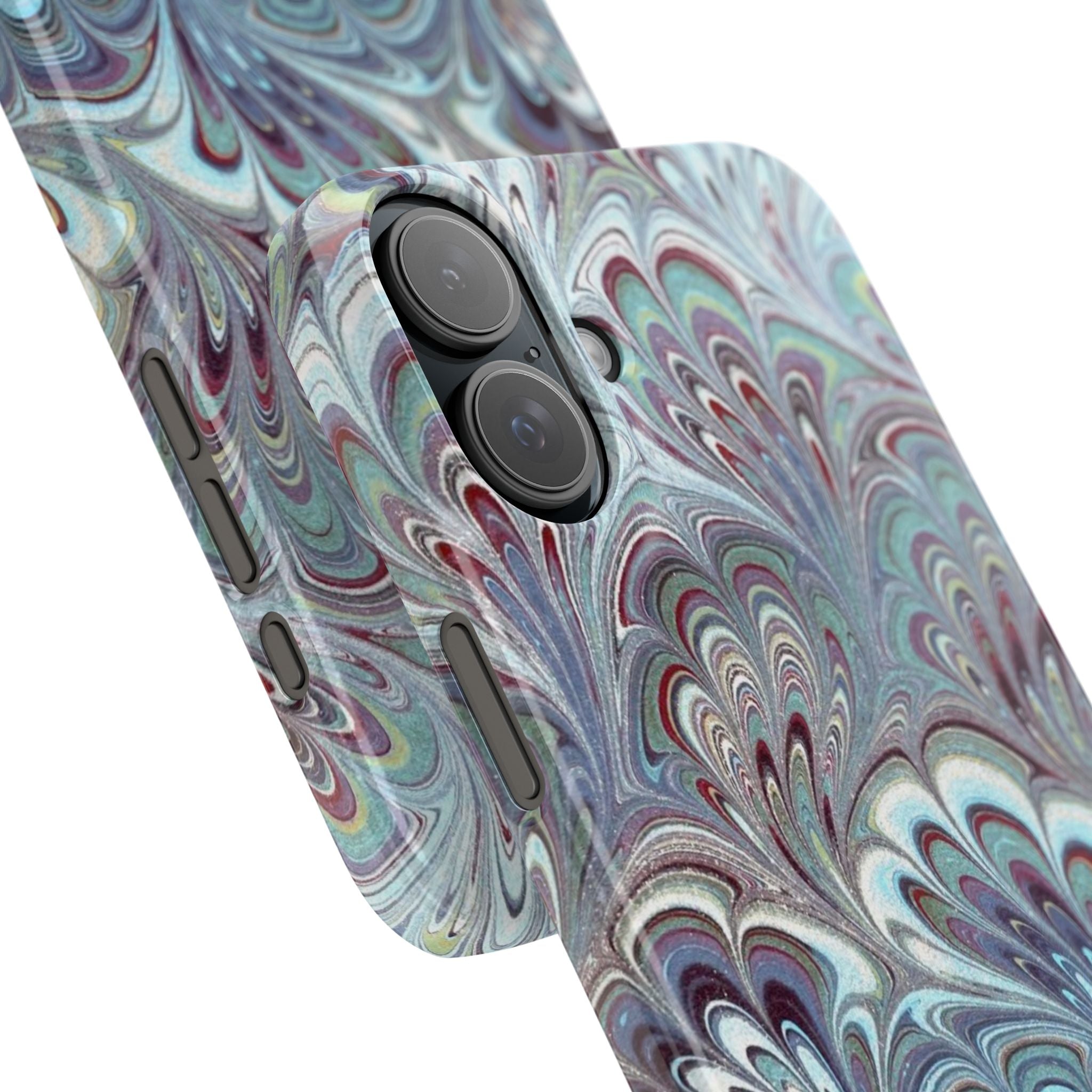 Marbled Feather Blue, White + Burgundy Swirl - Single Layer Slim Phone Case