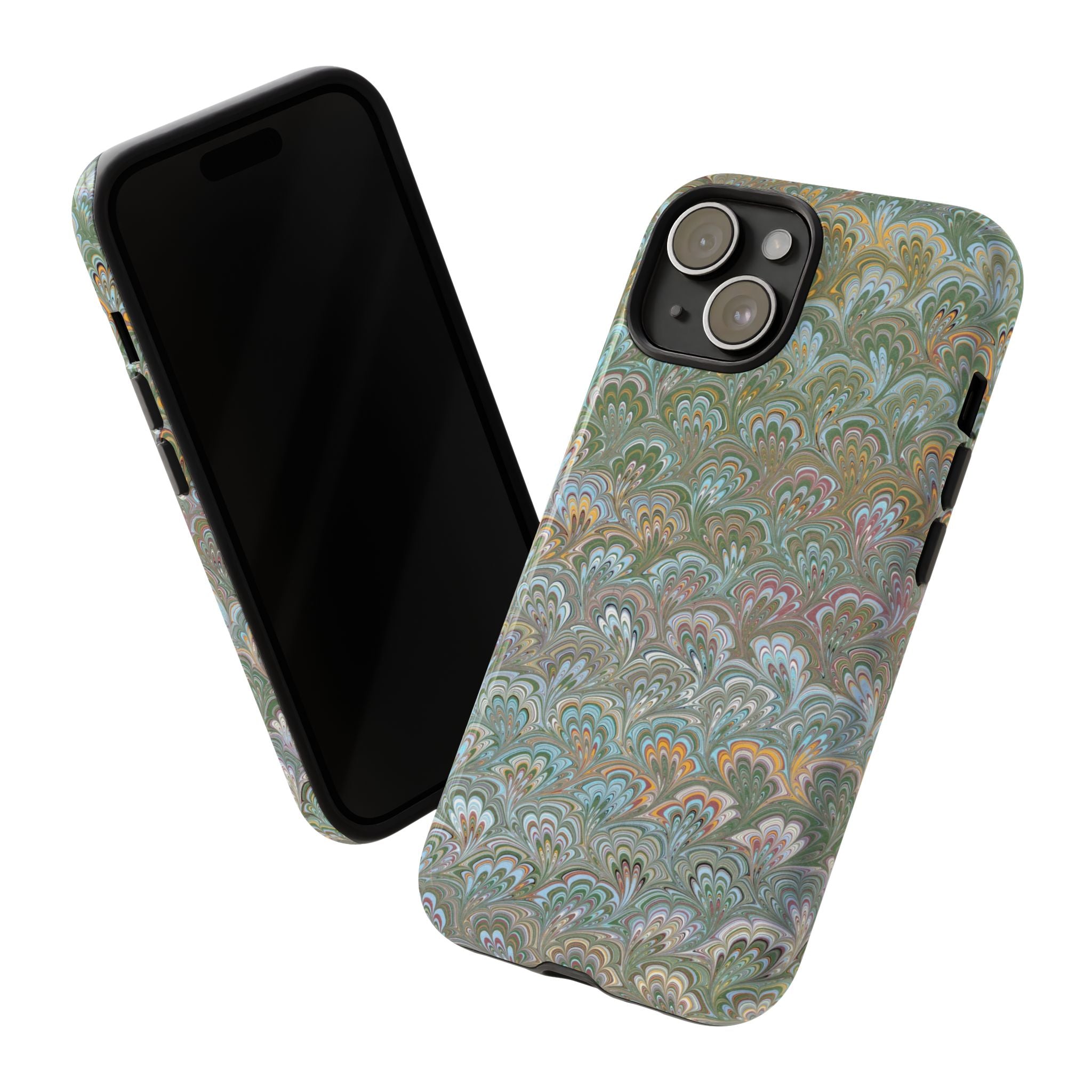 Blue and Green Feather Marbled Phone Case — Dual Layer - Tough Protective Phone Cover