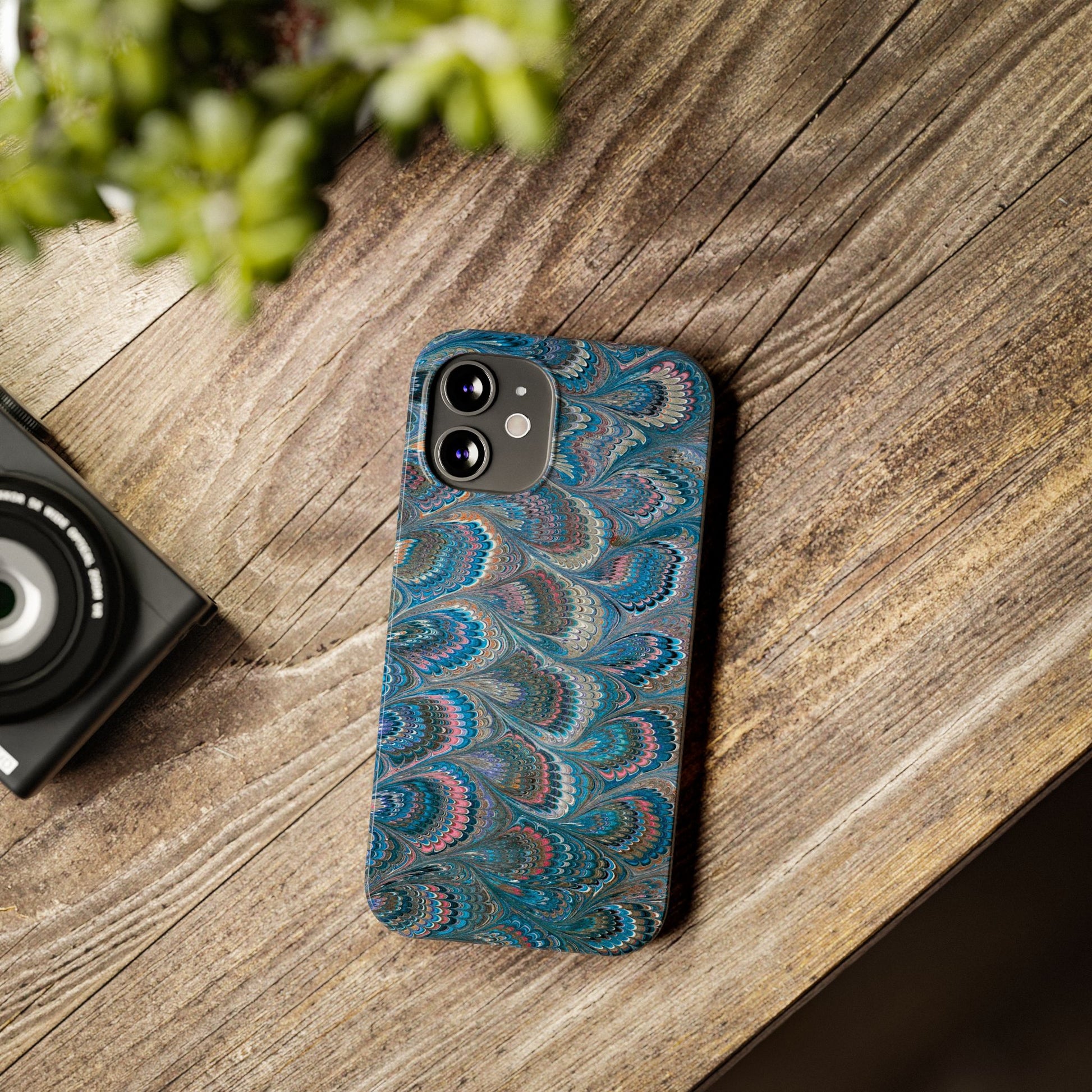 Blue and Pink FEATHER PEACKOCK Marbled VIntage Design, Italian Feather Phone Case, Slim Phone Cases, IPHONE 16 and all sizes