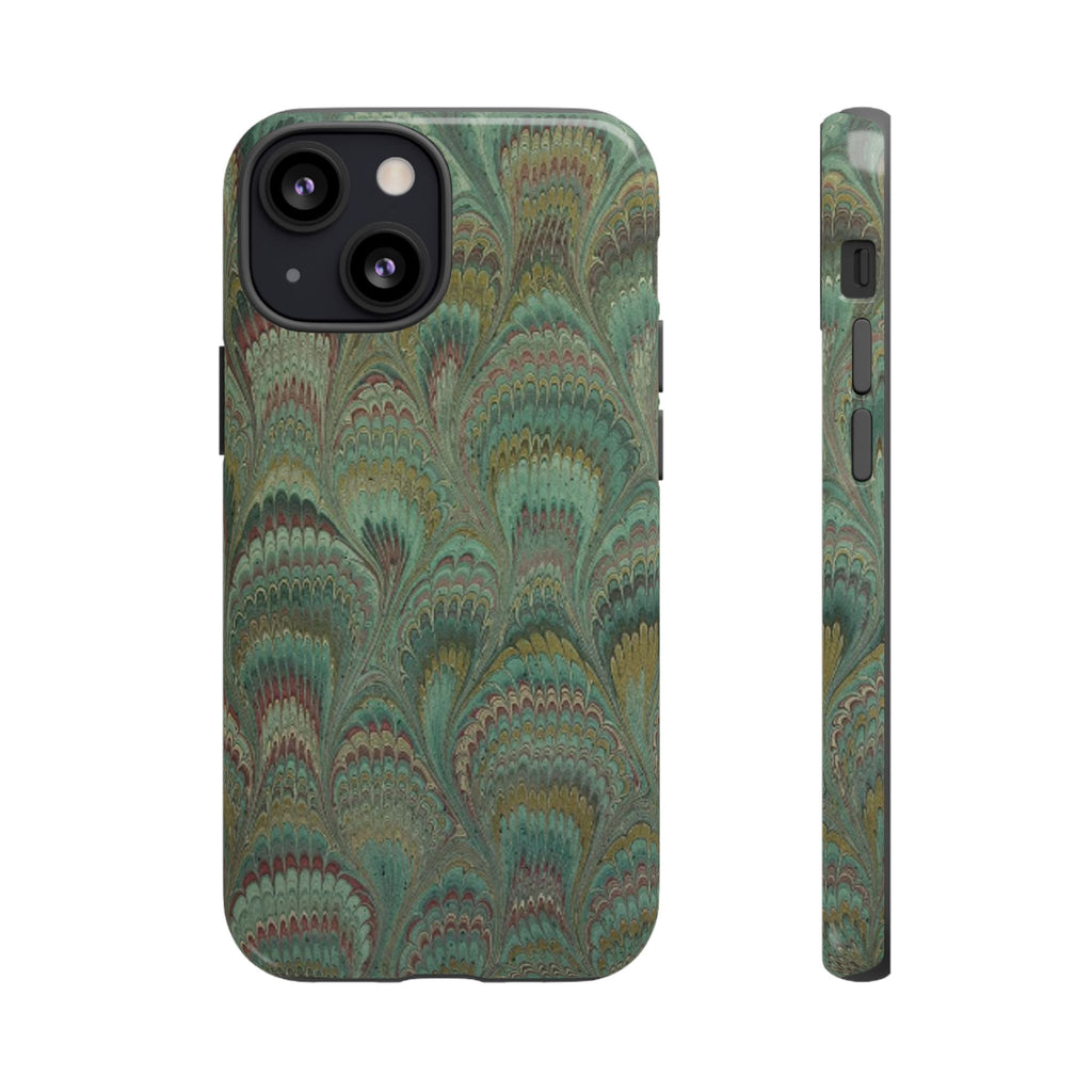 Marbled Peacock Durable Phone Case - Olive Green and Brown - Matte or Glossy