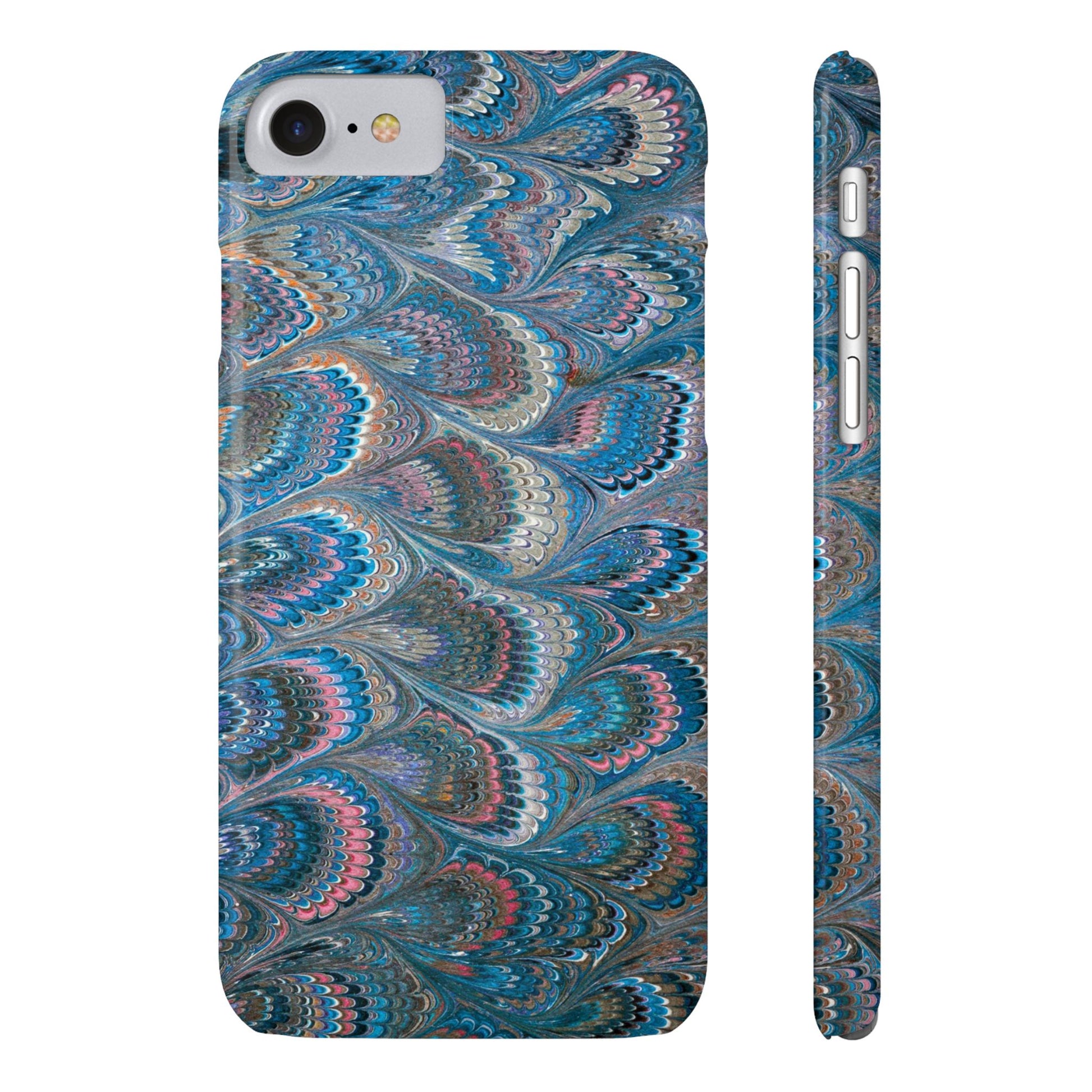 Blue and Pink FEATHER PEACKOCK Marbled VIntage Design, Italian Feather Phone Case, Slim Phone Cases, IPHONE 16 and all sizes