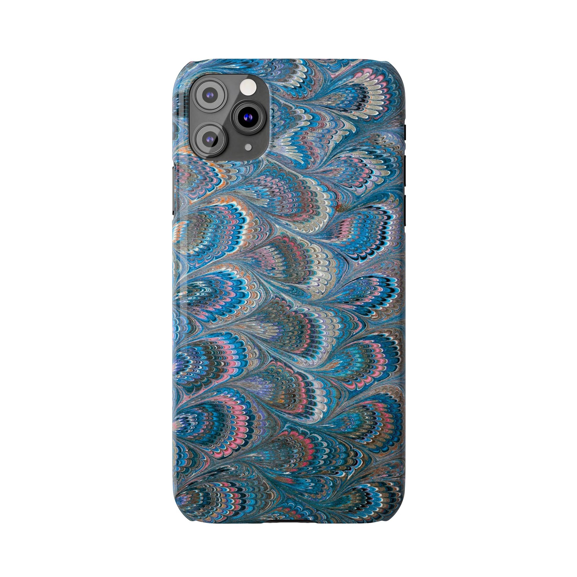 Blue and Pink FEATHER PEACKOCK Marbled VIntage Design, Italian Feather Phone Case, Slim Phone Cases, IPHONE 16 and all sizes