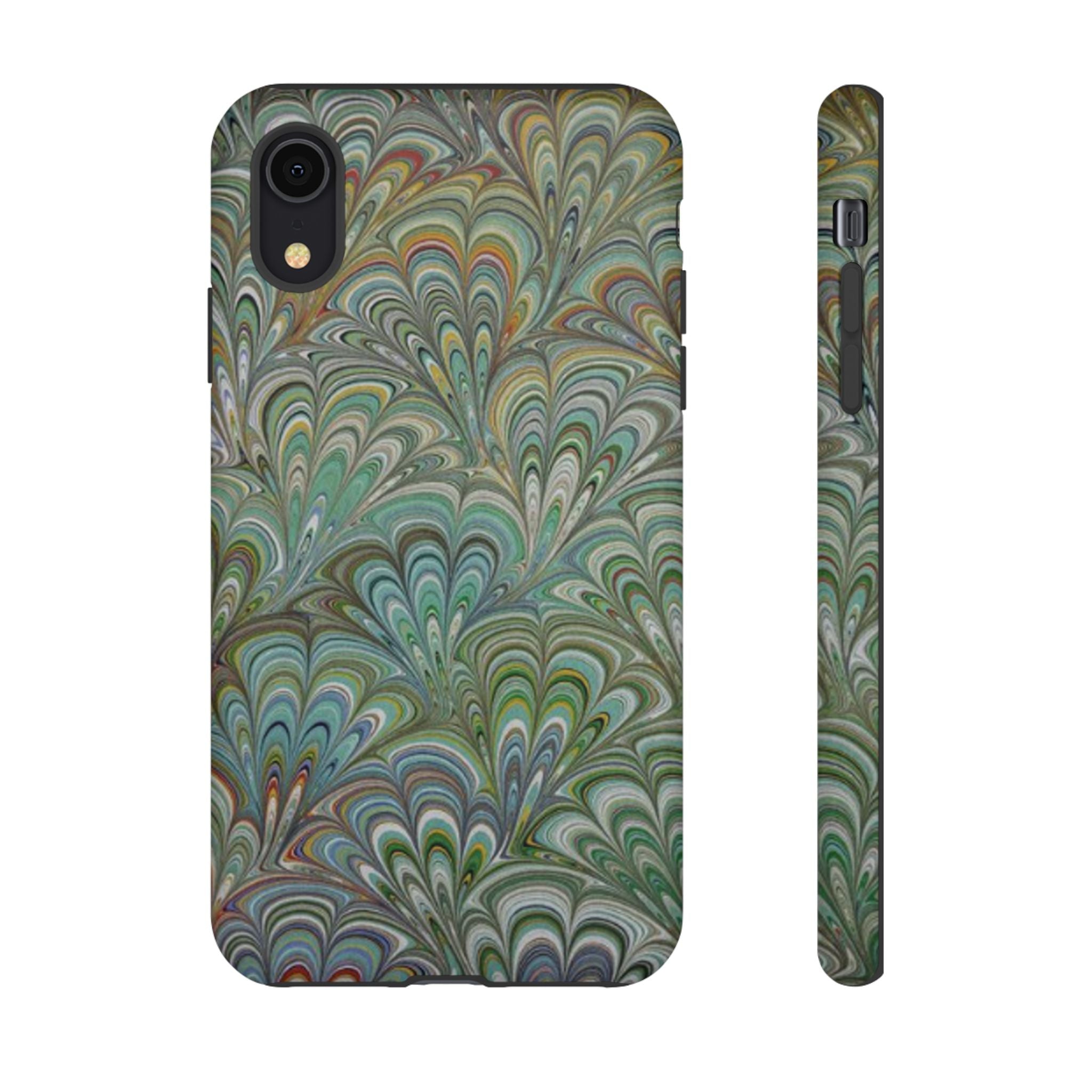 Green Marbled Peacock Durable Phone Case - Olive Green and Brown - Matte or Glossy