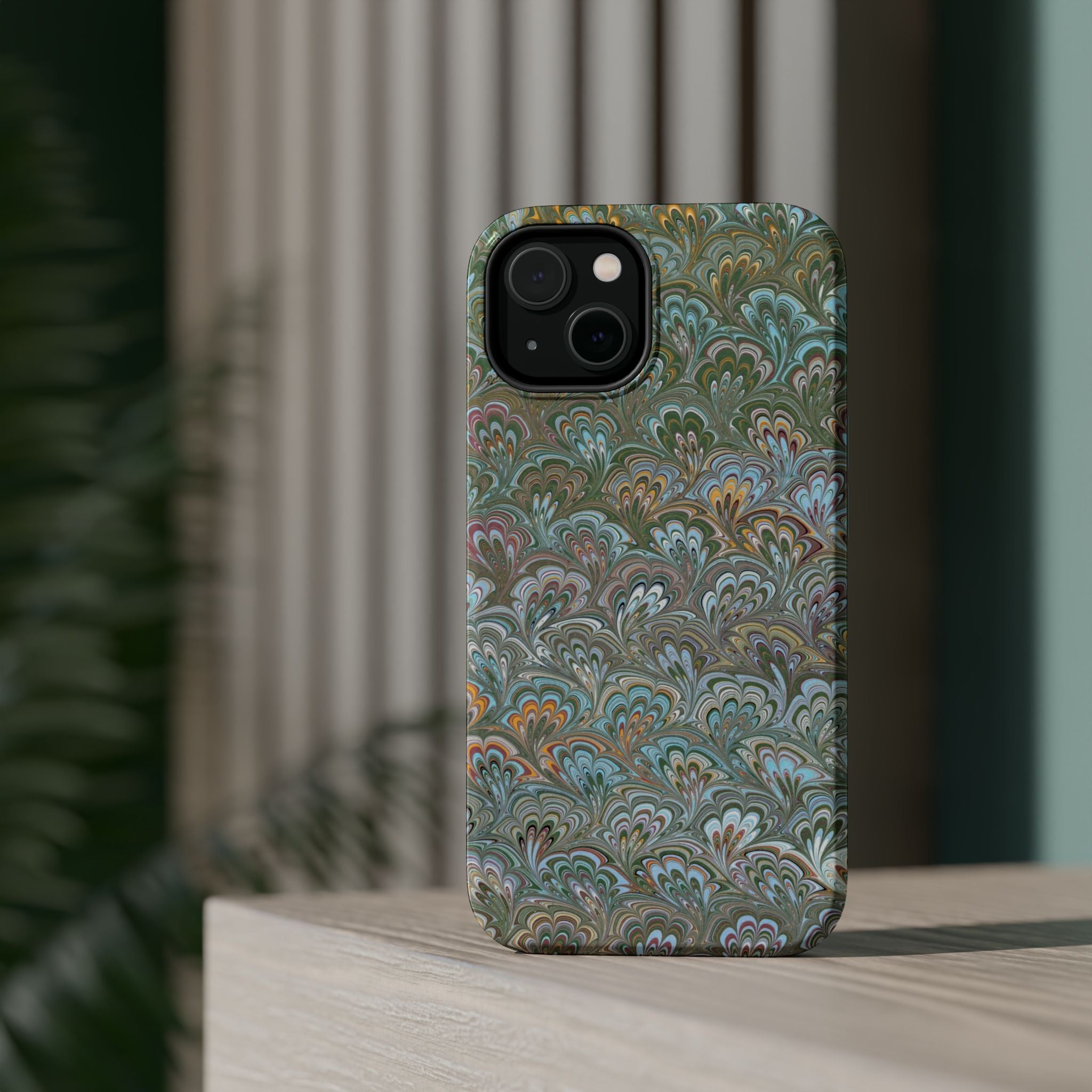 Green, Blue, + White Marbled Peacock - Dual Layer MAG SAFE Phone Case
