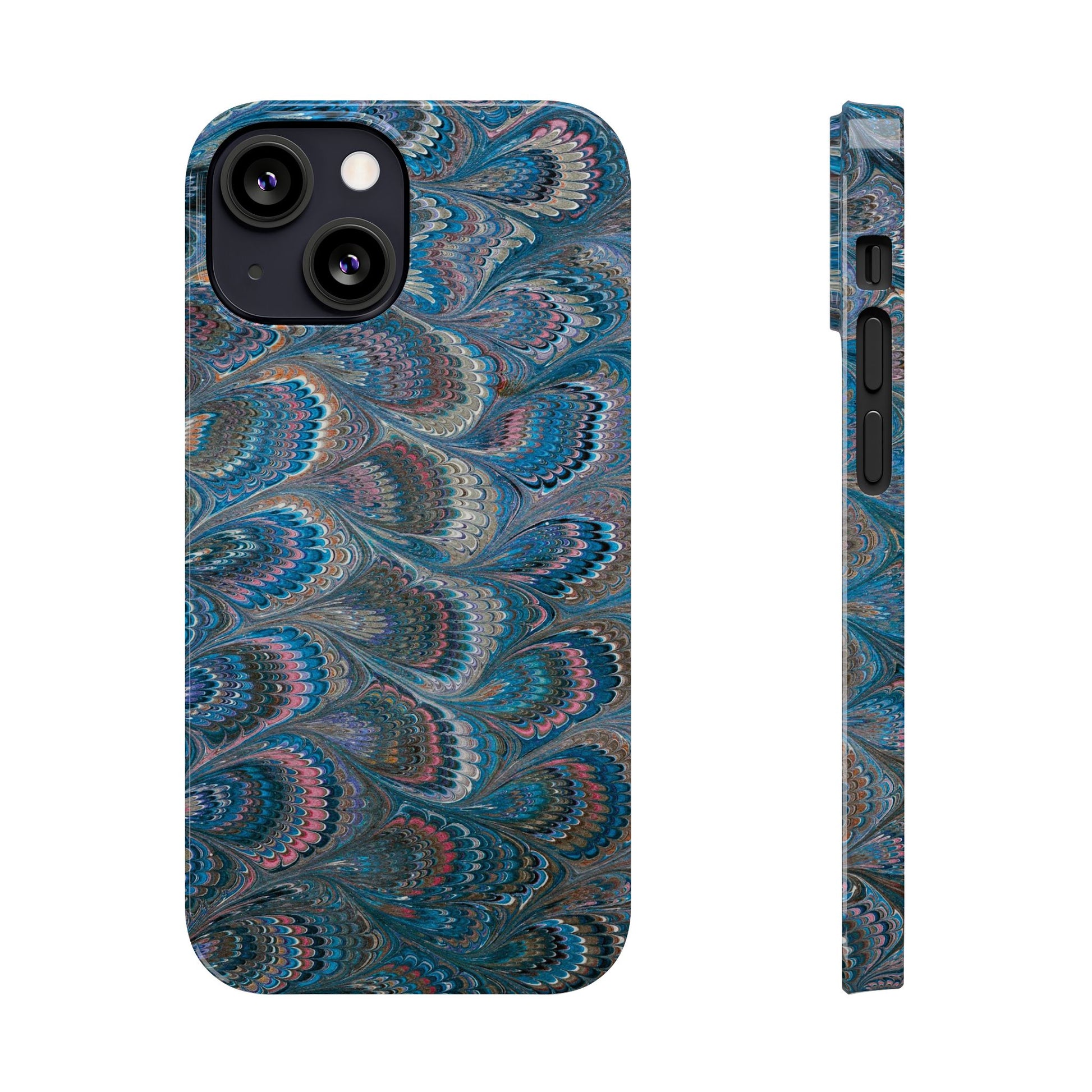 Blue and Pink FEATHER PEACKOCK Marbled VIntage Design, Italian Feather Phone Case, Slim Phone Cases, IPHONE 16 and all sizes