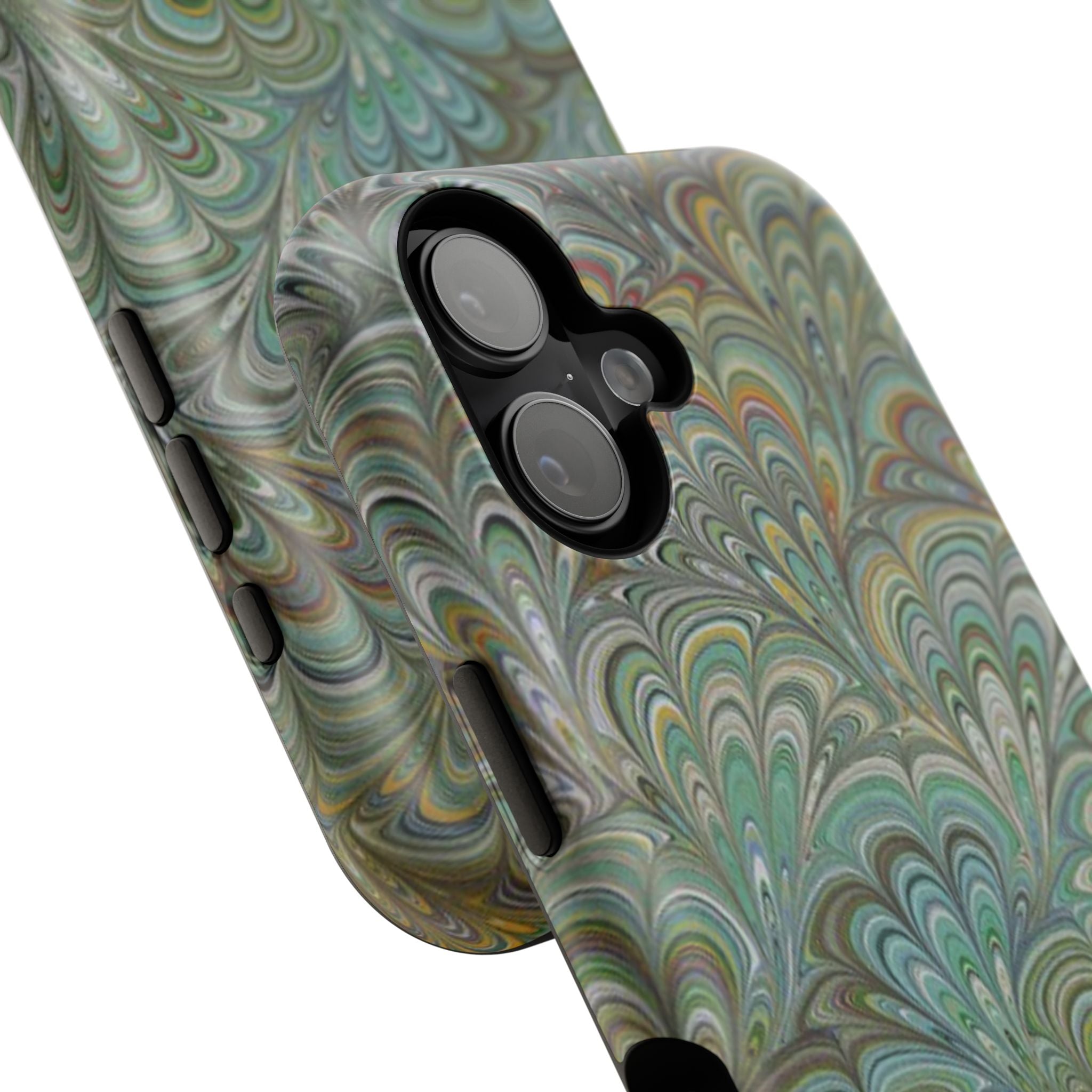iPhone17 + All Models Phone Cases, Italian Peacock Feather Design, Stylish Impact-Resistant Shell, Protective Cover, Green Peacock Print