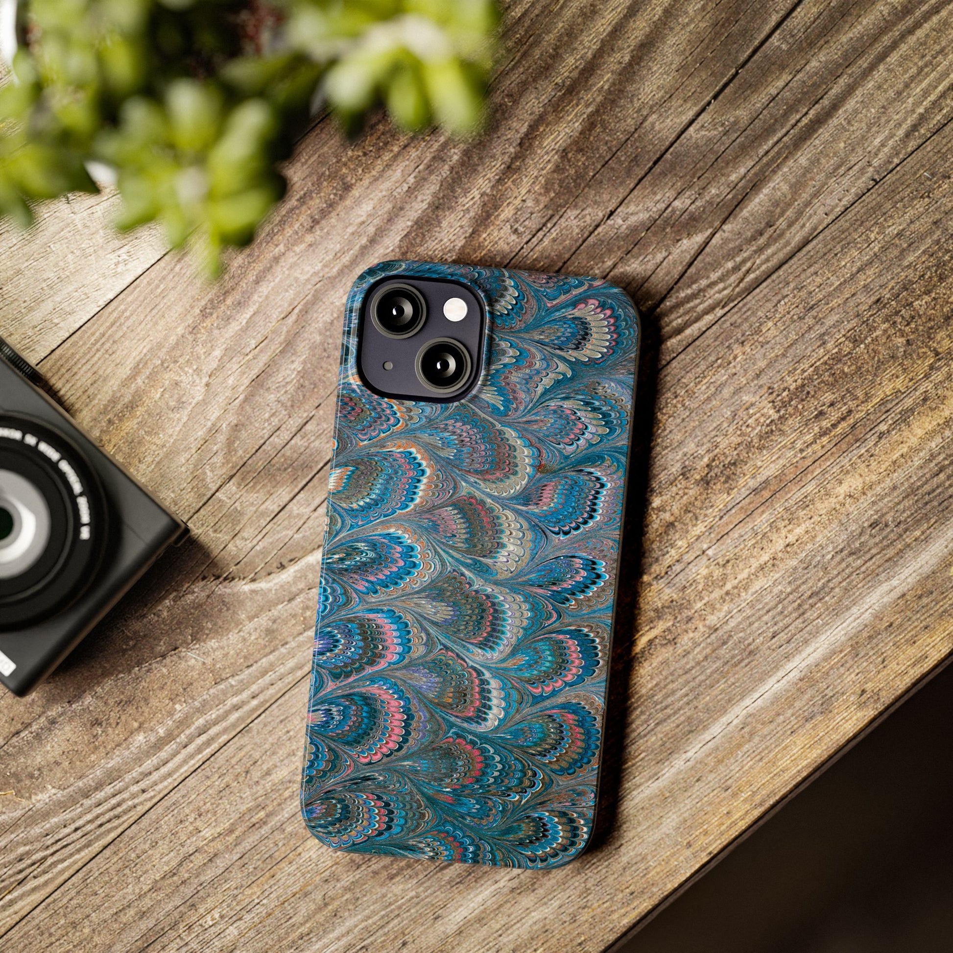 Blue and Pink FEATHER PEACKOCK Marbled VIntage Design, Italian Feather Phone Case, Slim Phone Cases, IPHONE 16 and all sizes