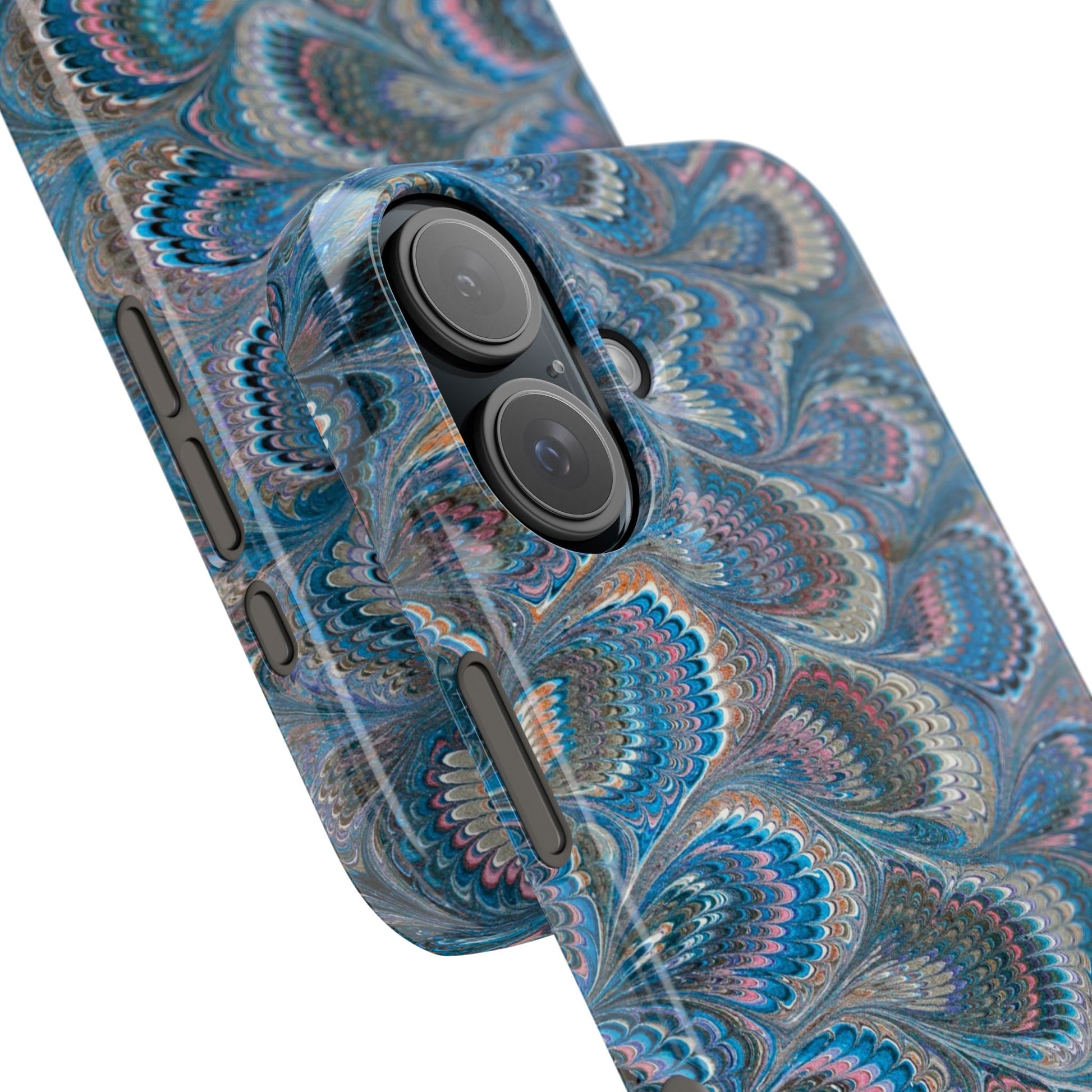 Blue and Pink FEATHER PEACKOCK Marbled VIntage Design, Italian Feather Phone Case, Slim Phone Cases, IPHONE 16 and all sizes