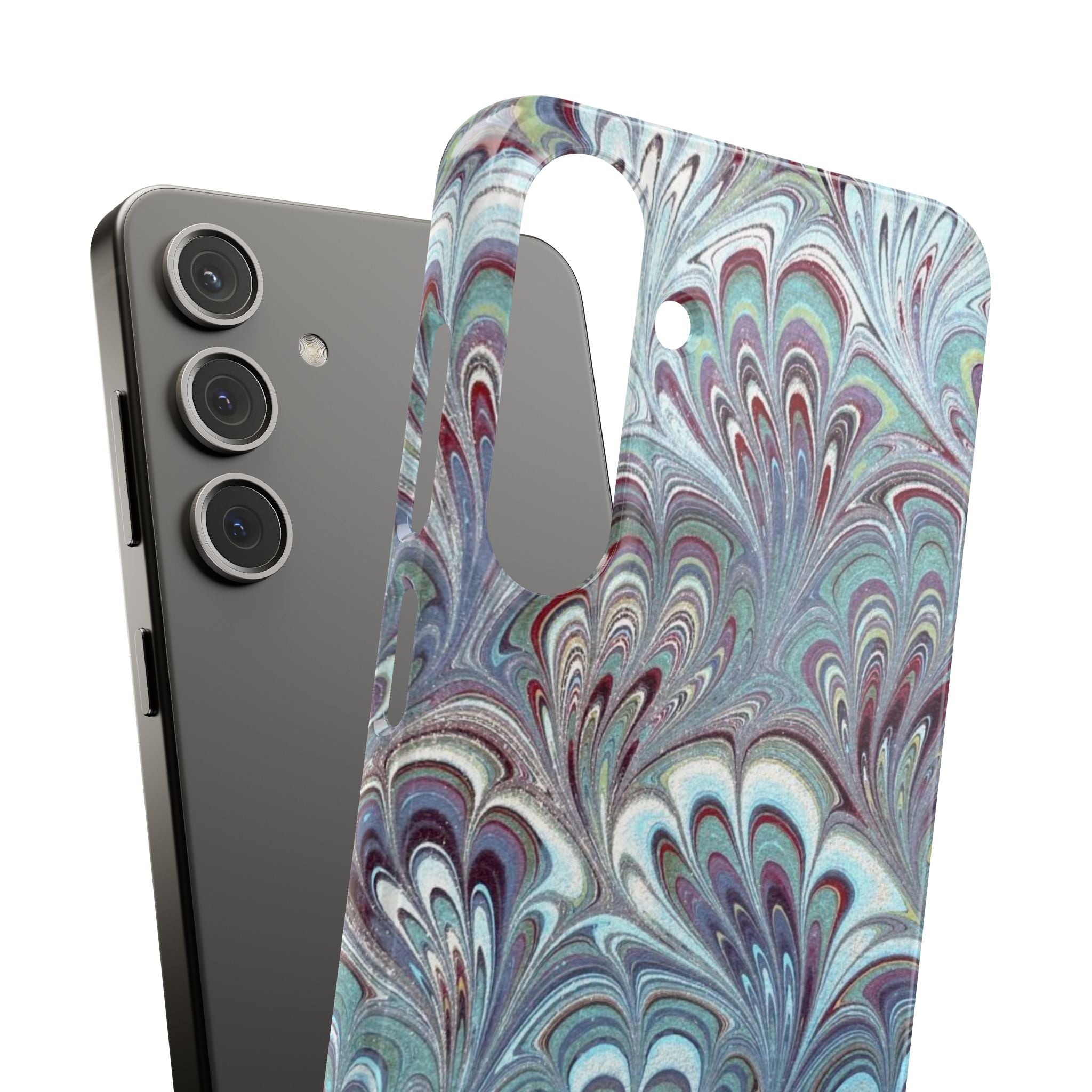 Marbled Feather Blue, White + Burgundy Swirl - Single Layer Slim Phone Case