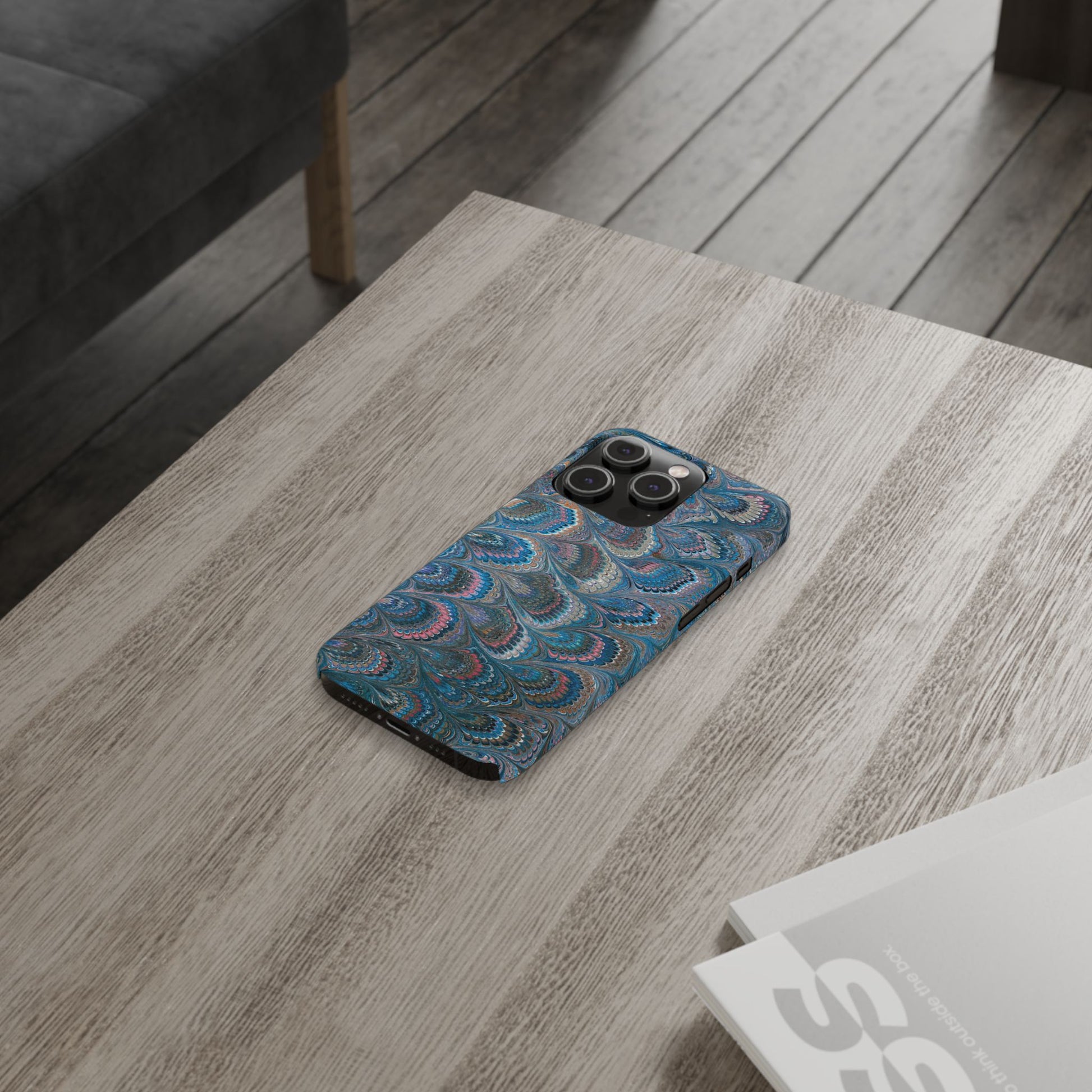 Blue and Pink FEATHER PEACKOCK Marbled VIntage Design, Italian Feather Phone Case, Slim Phone Cases, IPHONE 16 and all sizes