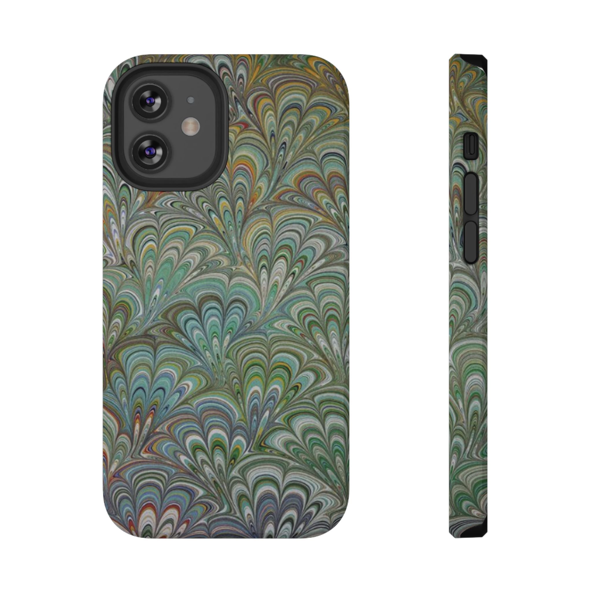 iPhone17 + All Models Phone Cases, Italian Peacock Feather Design, Stylish Impact-Resistant Shell, Protective Cover, Green Peacock Print
