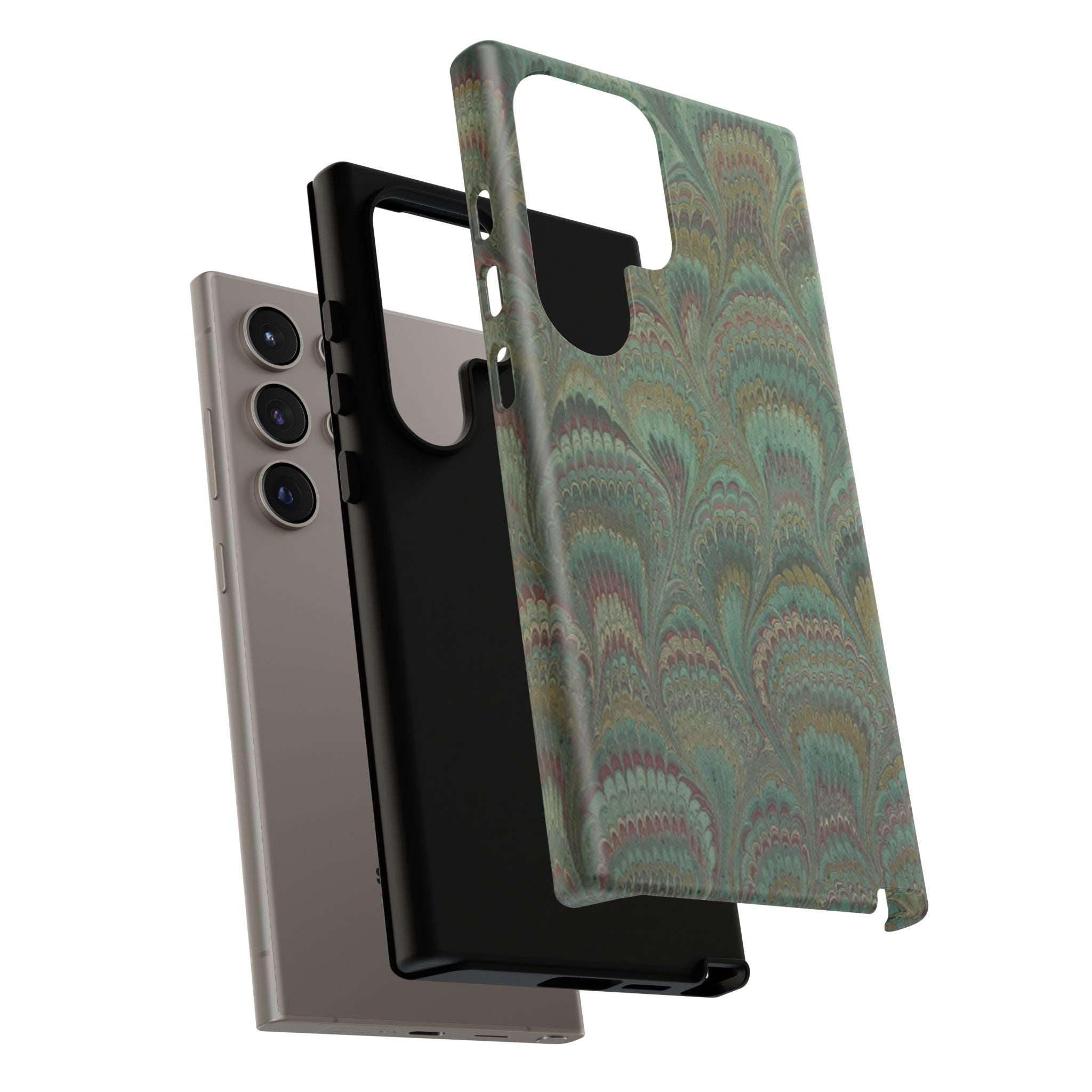 Marbled Peacock Durable Phone Case - Olive Green and Brown - Matte or Glossy