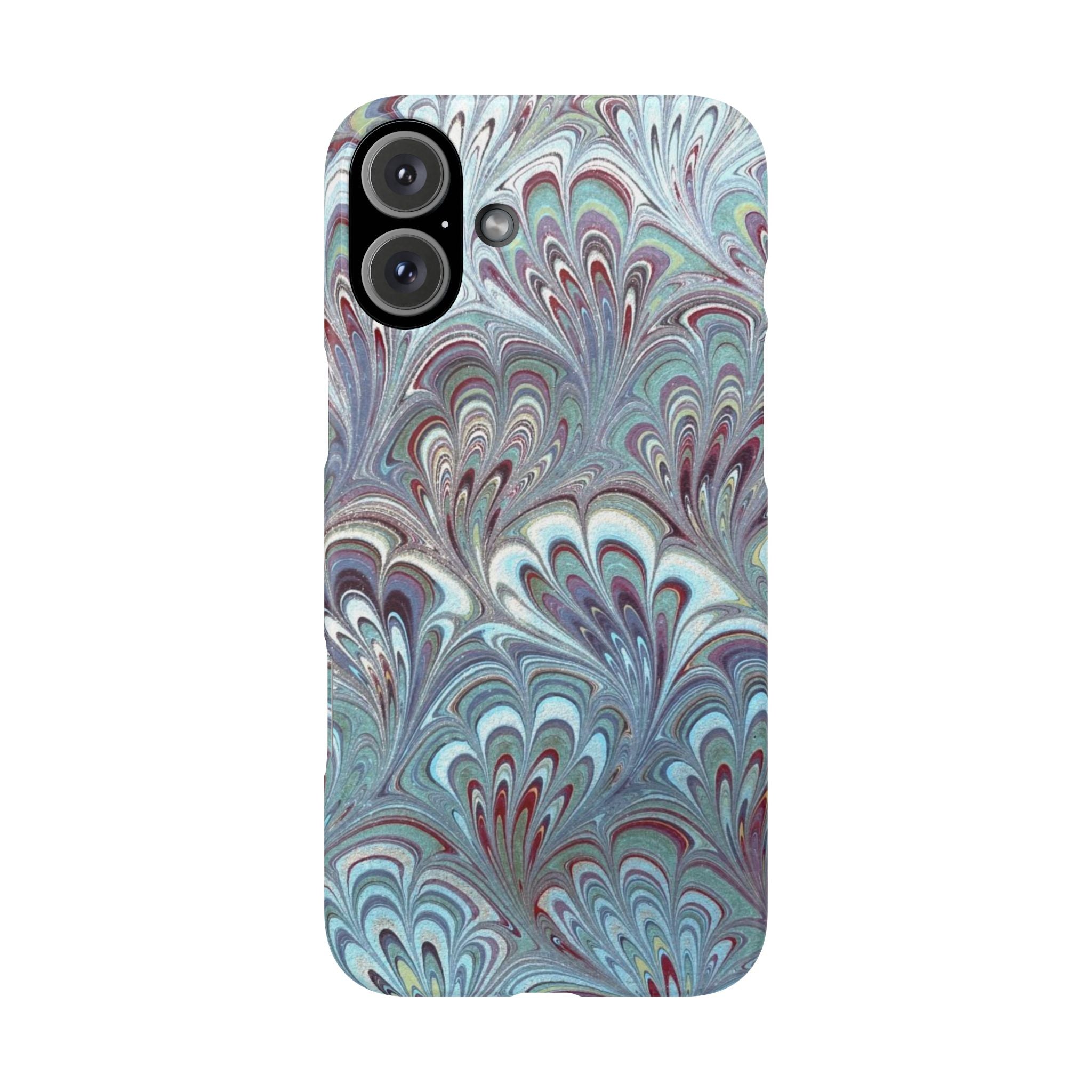 Marbled Feather Blue, White + Burgundy Swirl - Single Layer Slim Phone Case