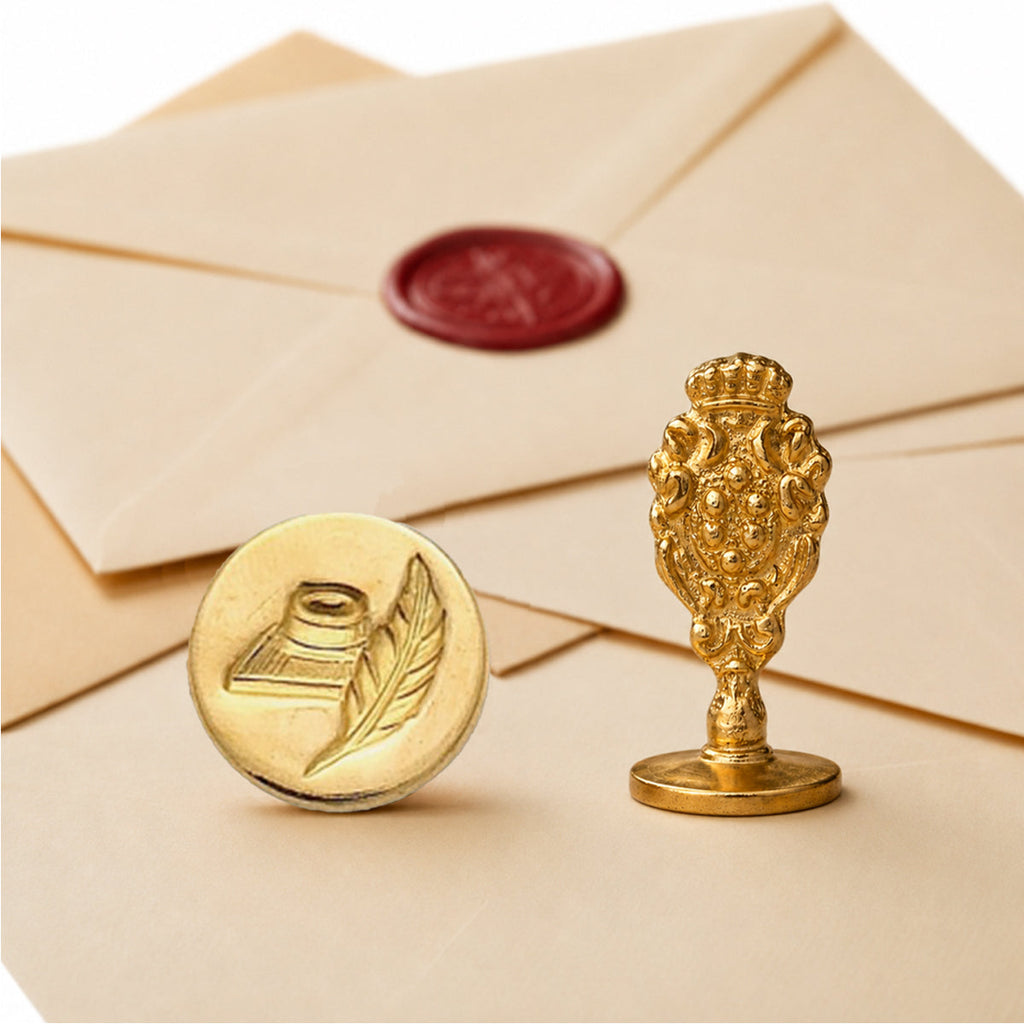 Quill & Ink Wax Seal Stamp – Vintage-Style Round Florentine Brass Stamp with Attached Handle
