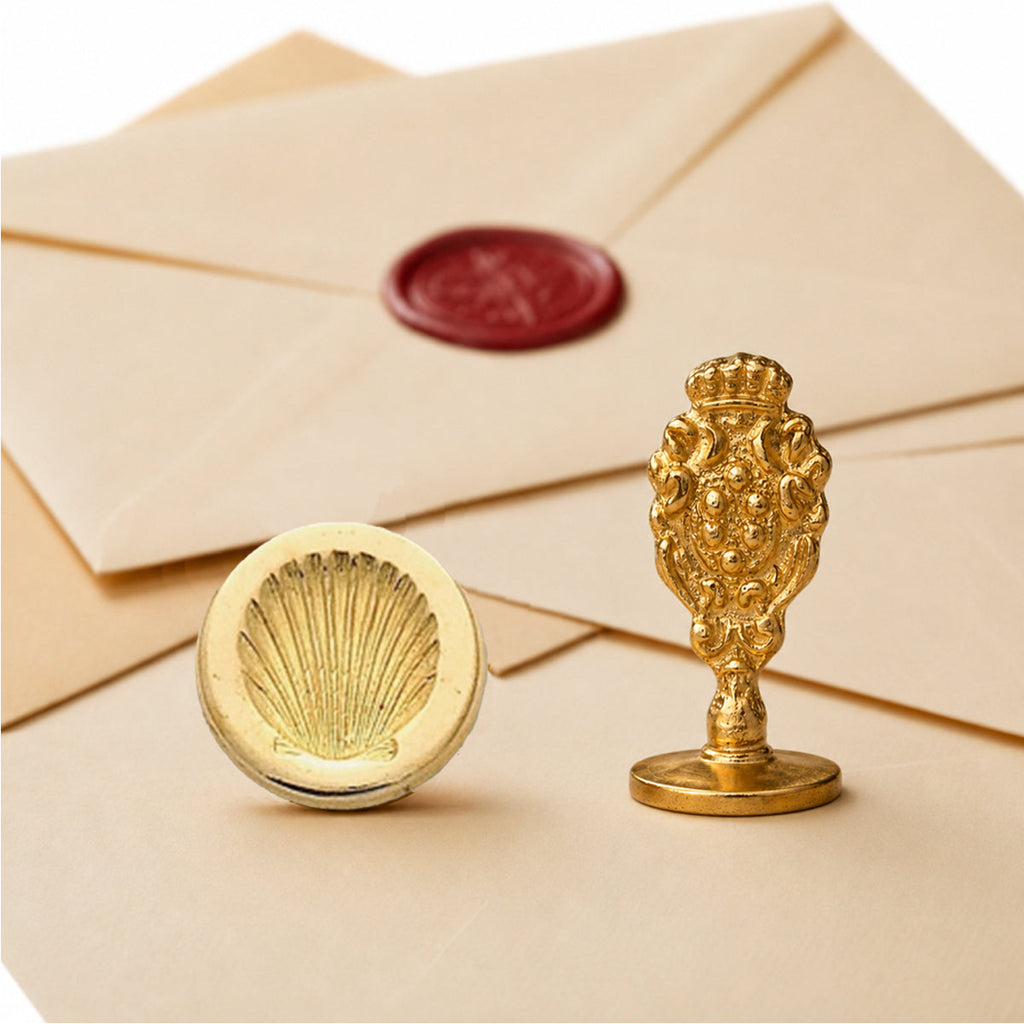 Shell Wax Seal Stamp – Vintage-Style Round Florentine Brass Stamp with Attached Handle