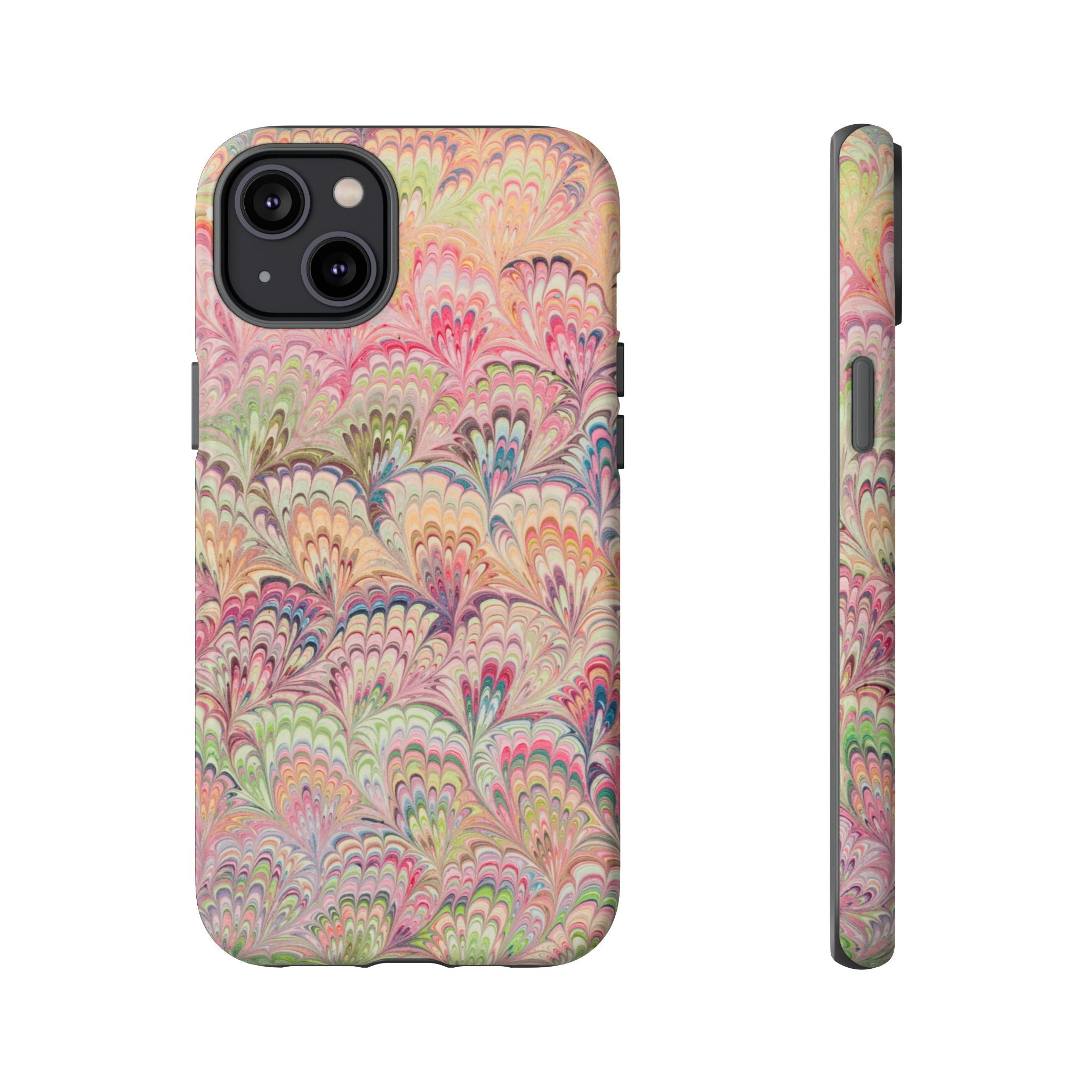 Pastel Pink + Green Feather Marbled Phone Case - Dual Layer Phone Cover