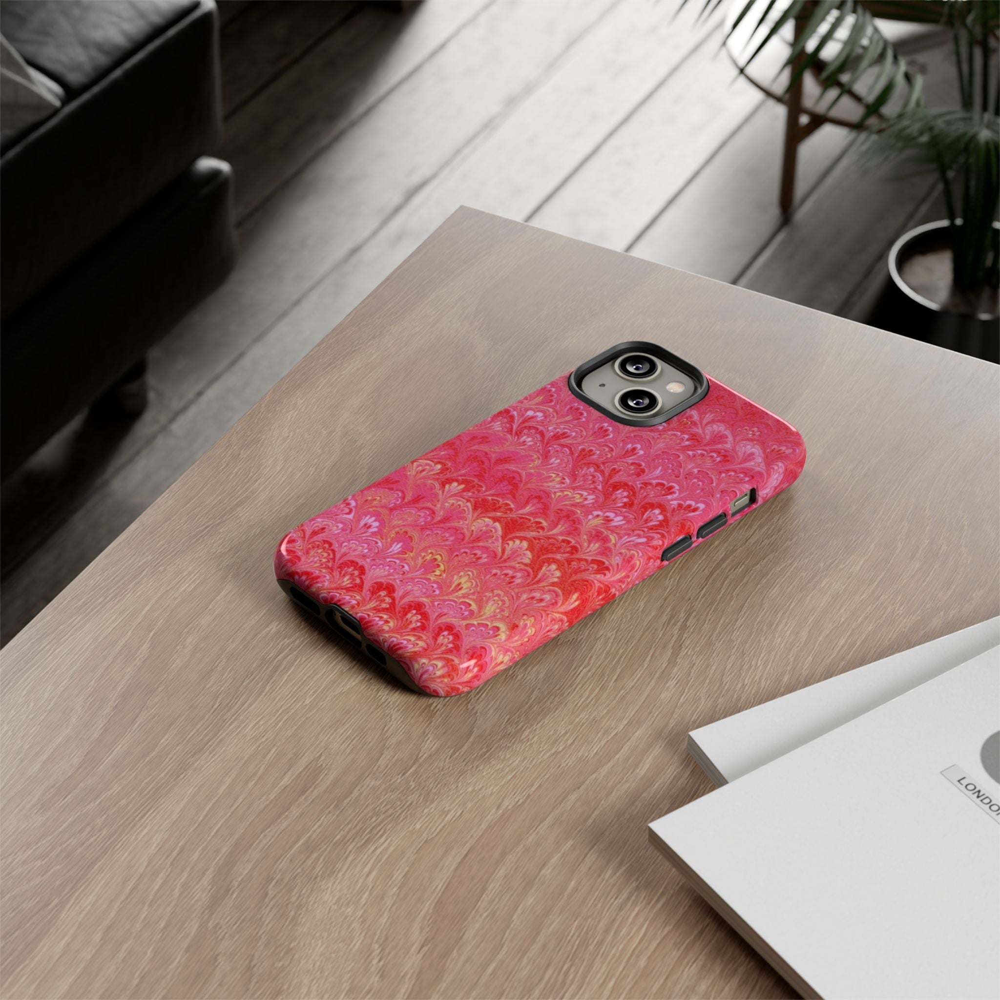 Pink and Gold Marbled Peacock Durable Phone Case - Olive Green and Brown - Matte or Glossy