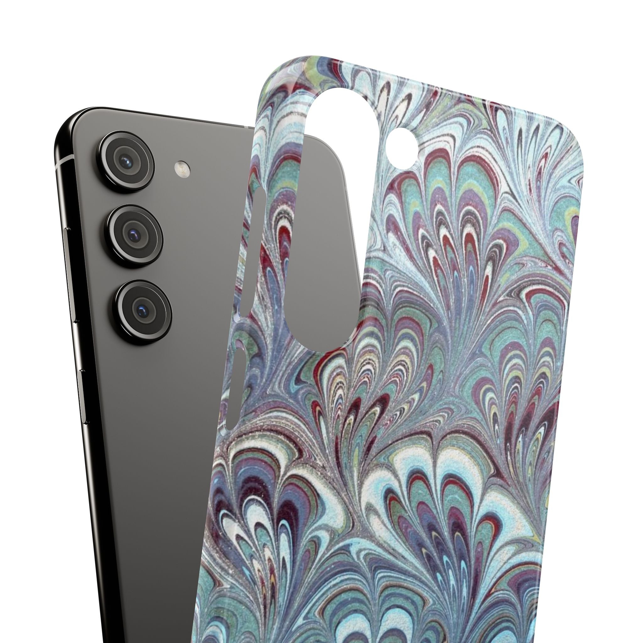 Marbled Feather Blue, White + Burgundy Swirl - Single Layer Slim Phone Case