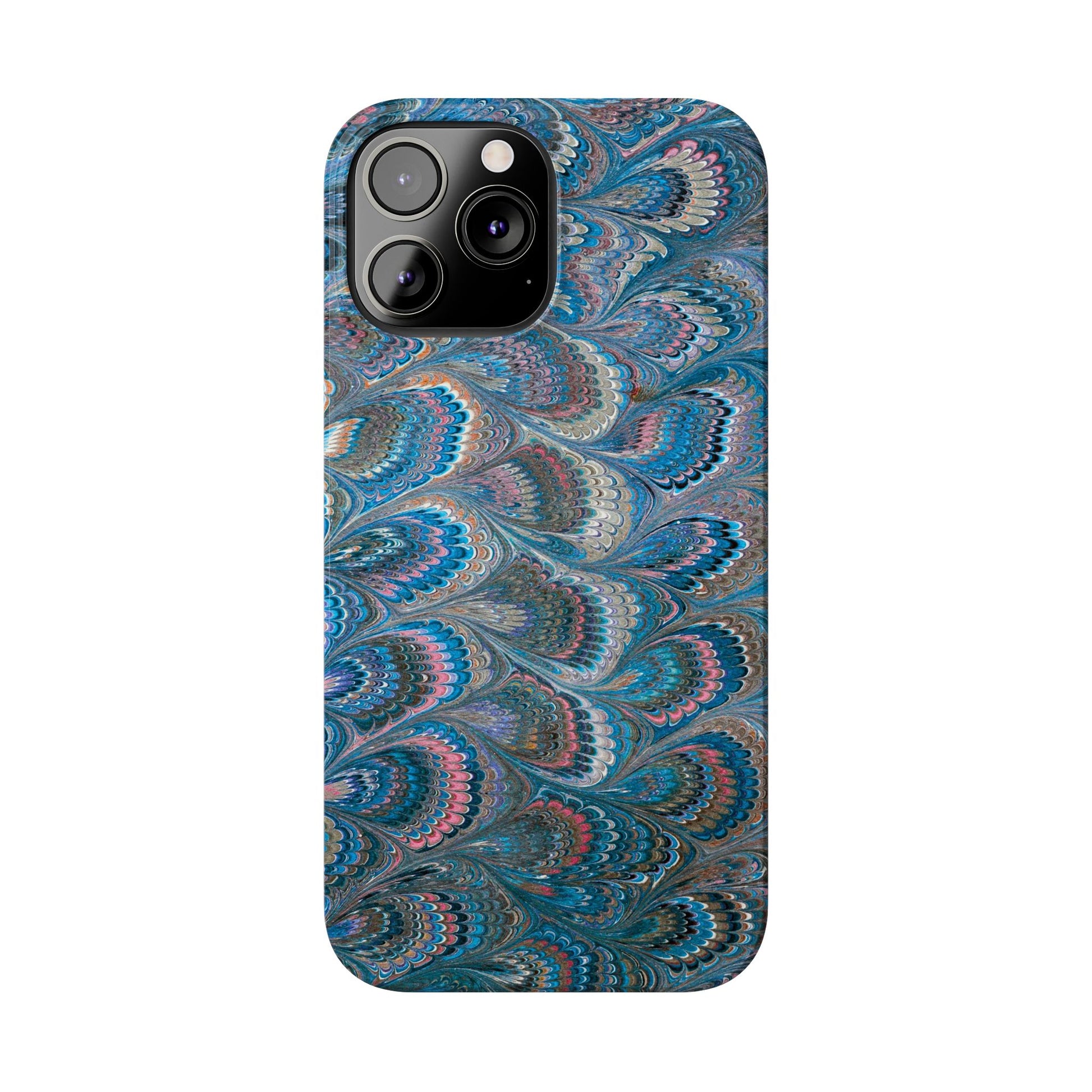 Blue and Pink FEATHER PEACKOCK Marbled VIntage Design, Italian Feather Phone Case, Slim Phone Cases, IPHONE 16 and all sizes