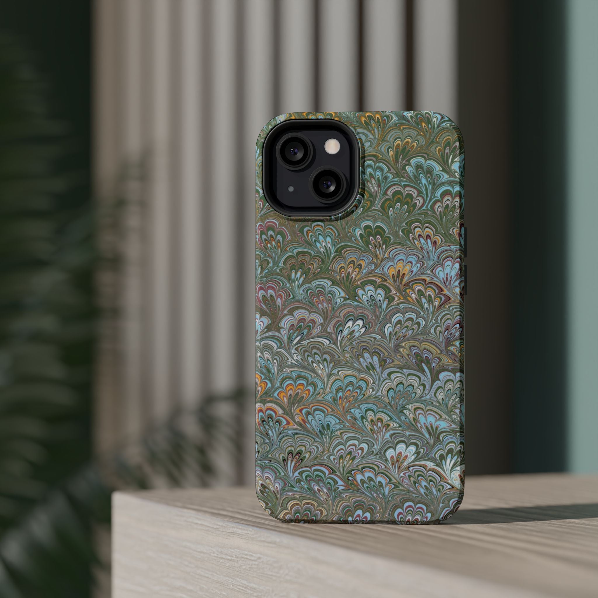 Green, Blue, + White Marbled Peacock - Dual Layer MAG SAFE Phone Case