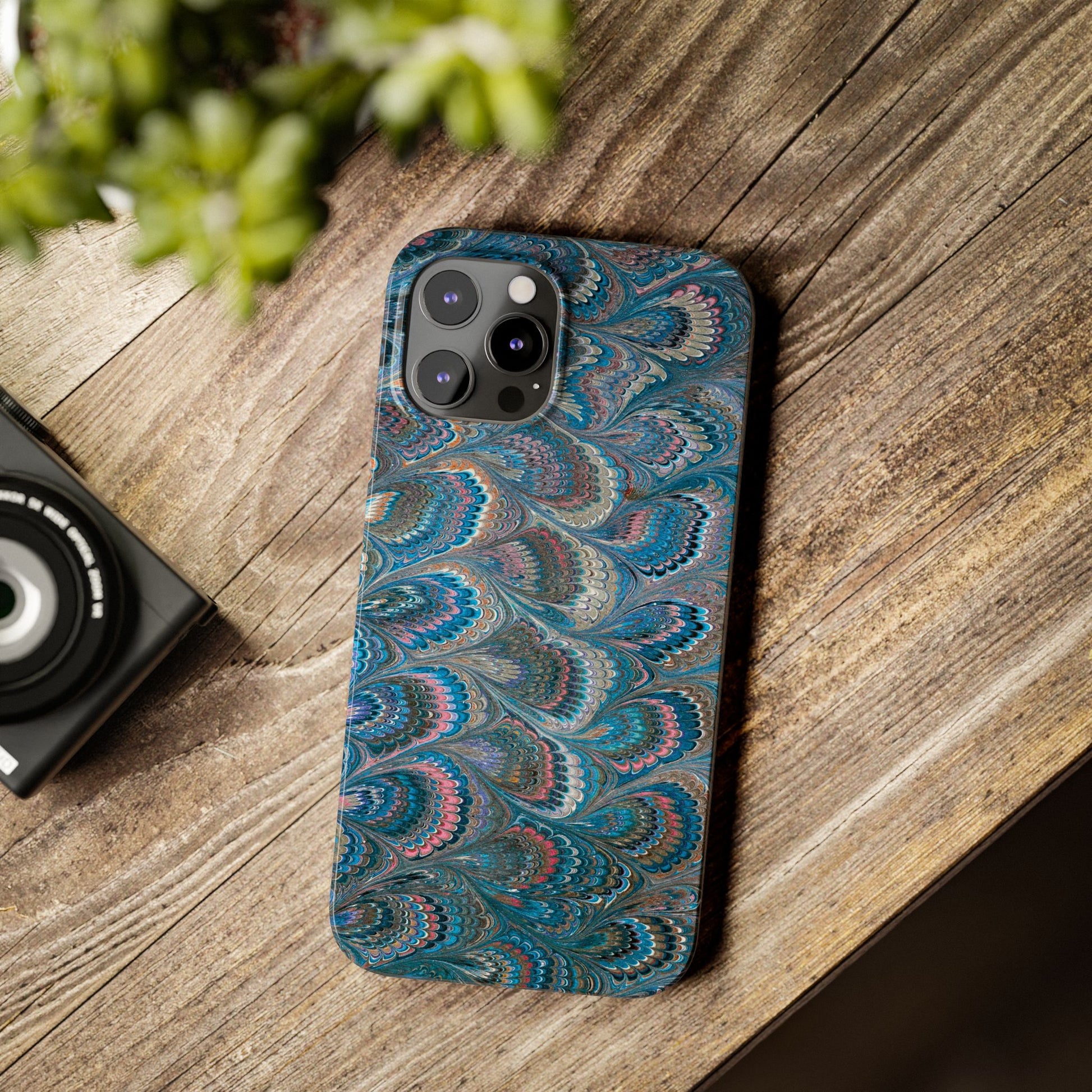 Blue and Pink FEATHER PEACKOCK Marbled VIntage Design, Italian Feather Phone Case, Slim Phone Cases, IPHONE 16 and all sizes