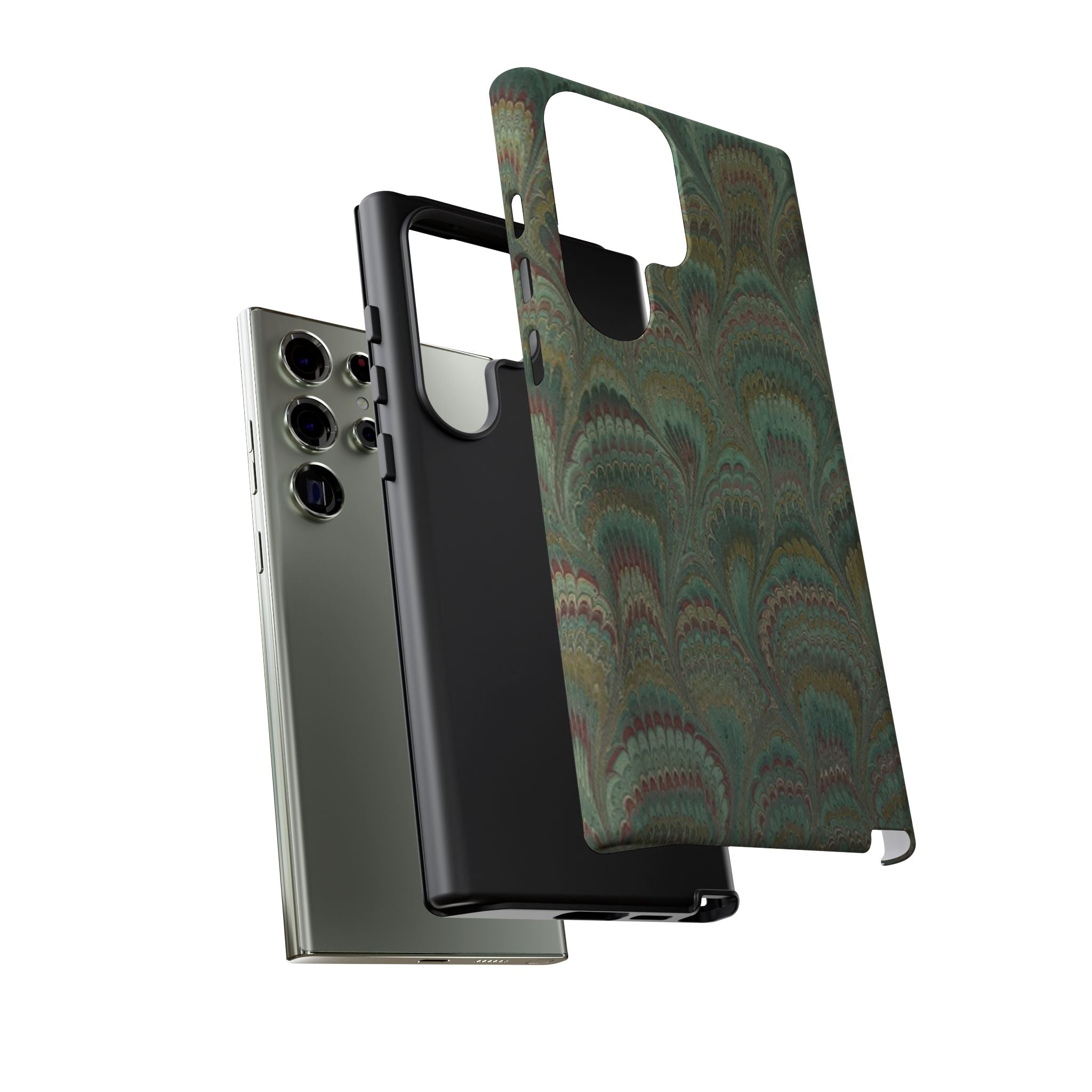 Marbled Peacock Durable Phone Case - Olive Green and Brown - Matte or Glossy