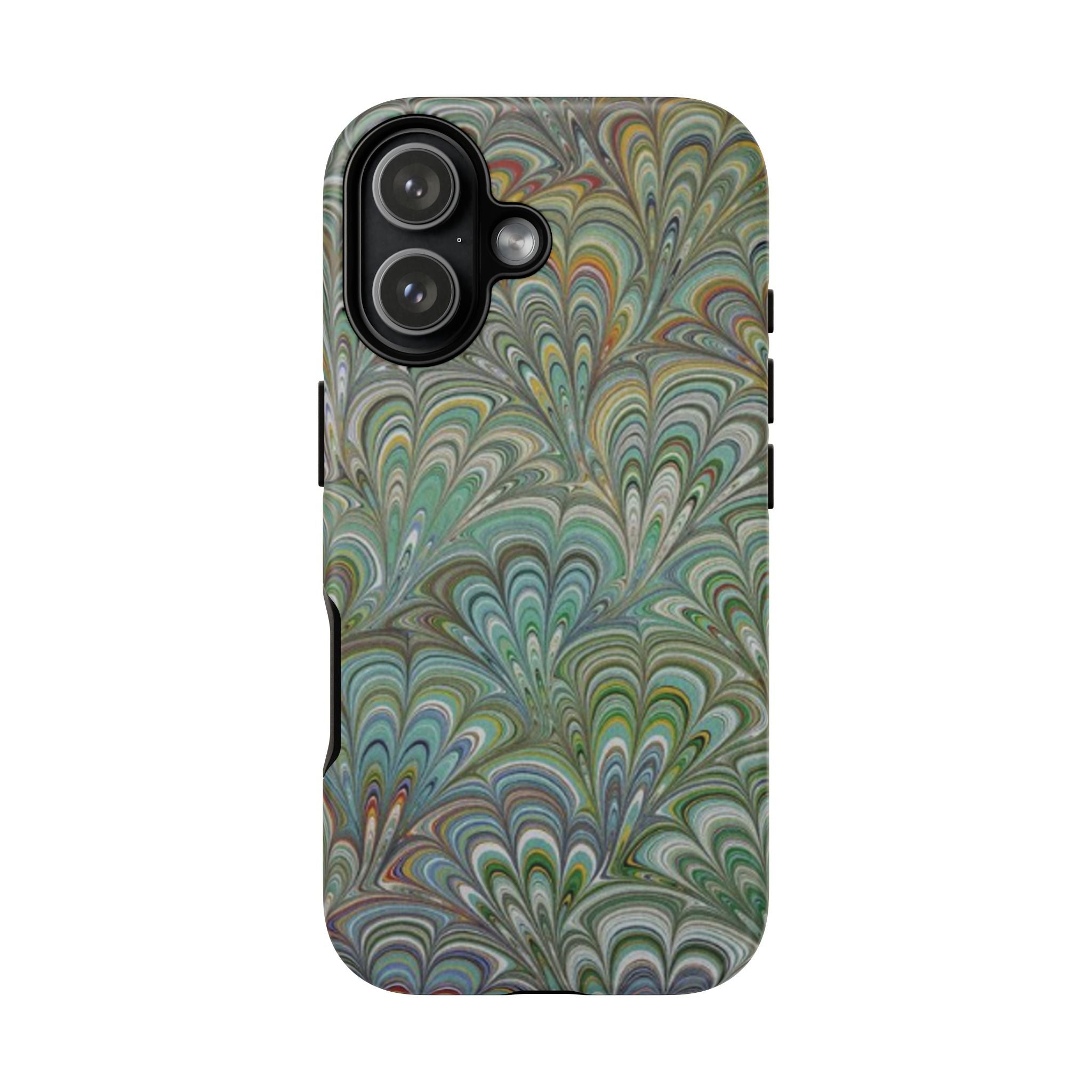 Green Marbled Peacock Durable Phone Case - Olive Green and Brown - Matte or Glossy