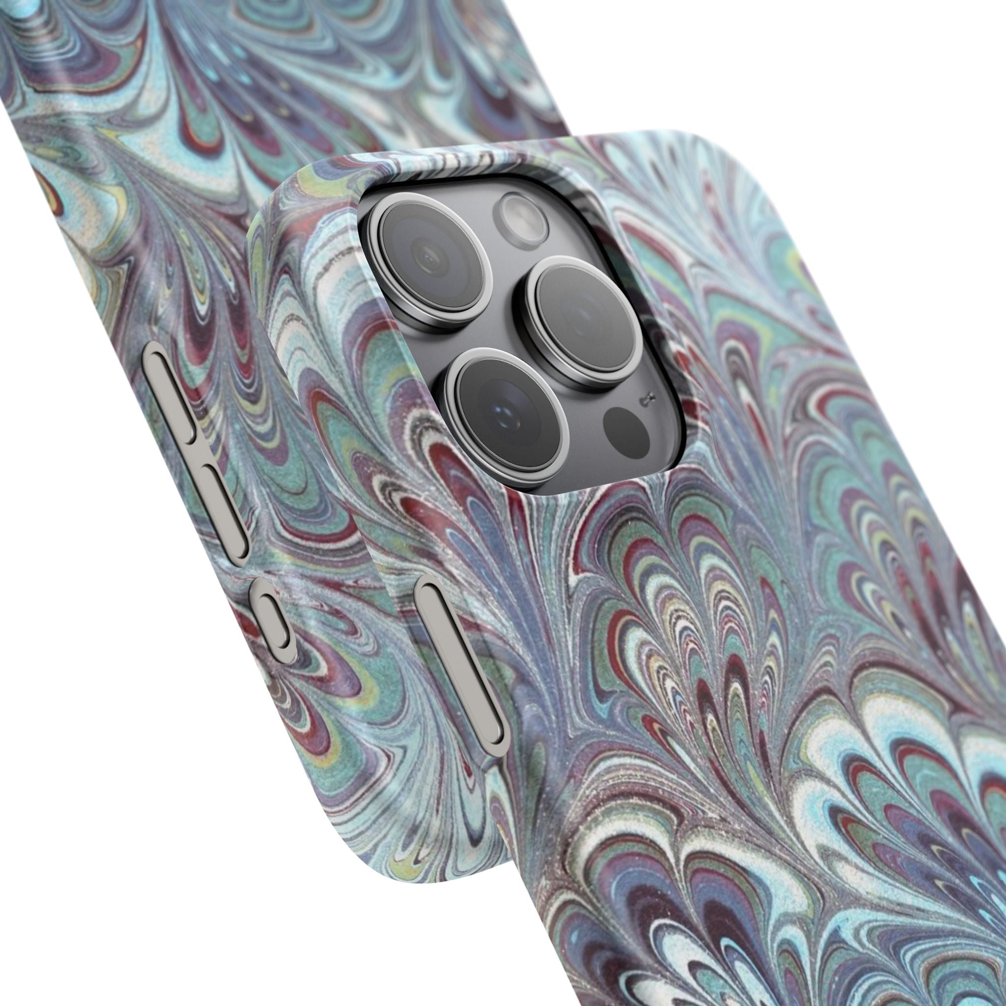 Marbled Feather Blue, White + Burgundy Swirl - Single Layer Slim Phone Case