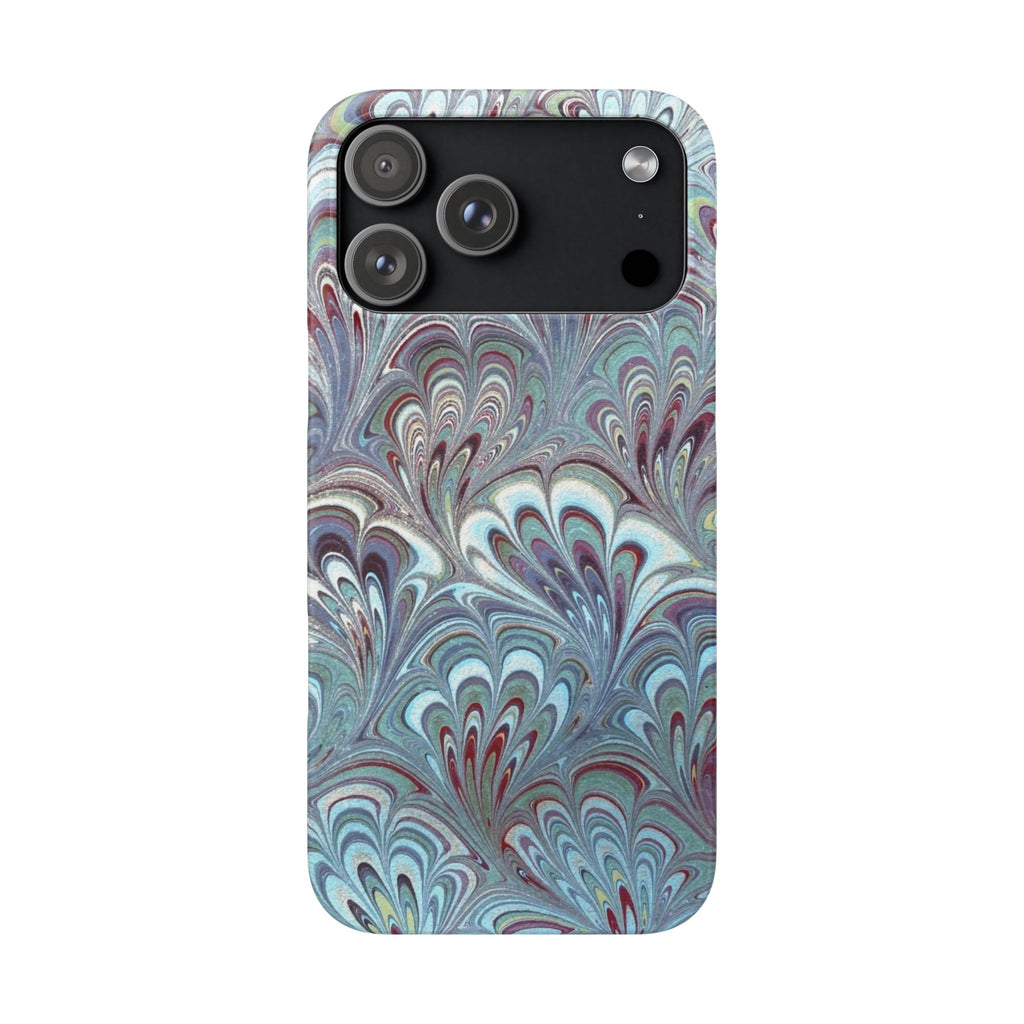 Marbled Feather Blue, White + Burgundy Swirl - Single Layer Slim Phone Case