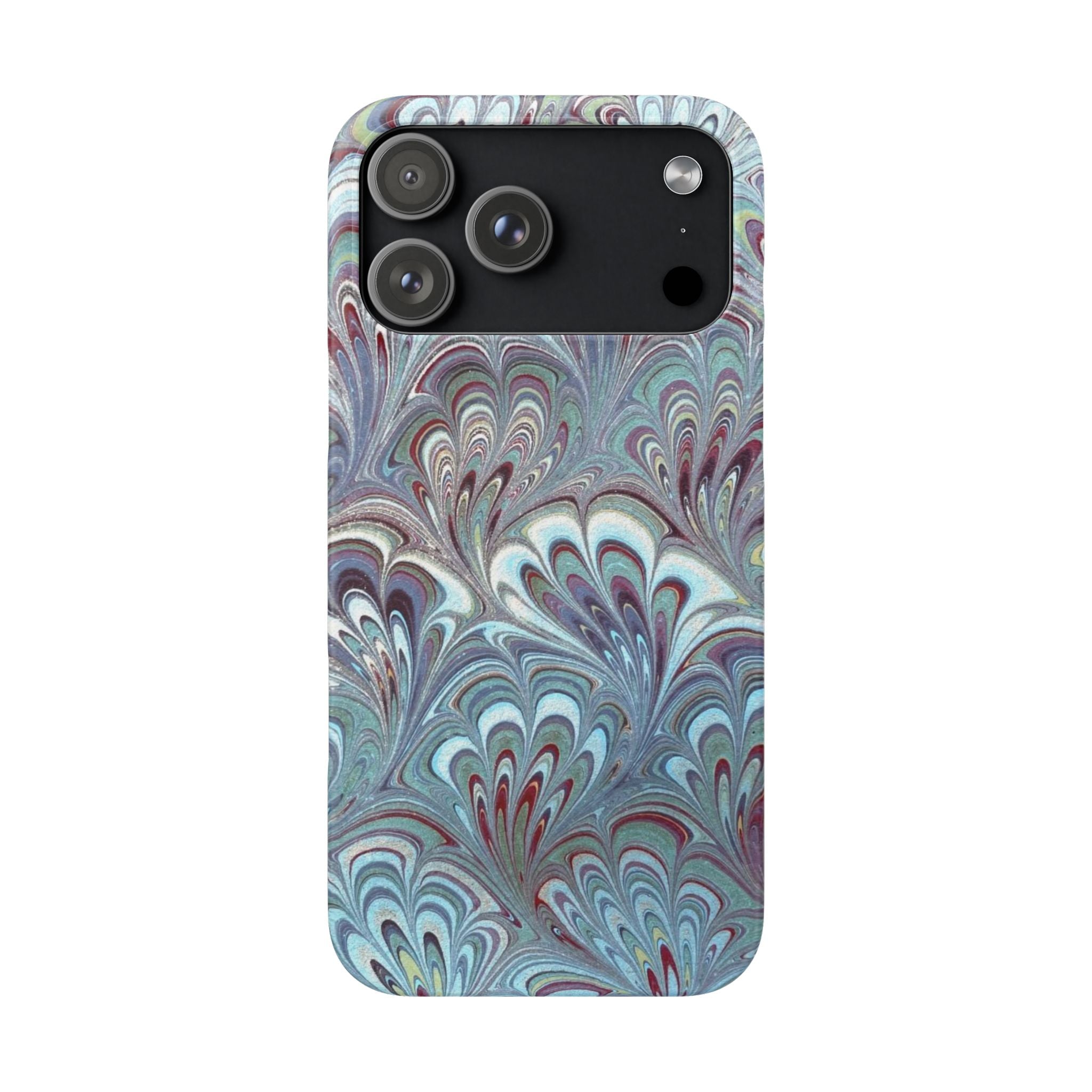 Marbled Feather Blue, White + Burgundy Swirl - Single Layer Slim Phone Case