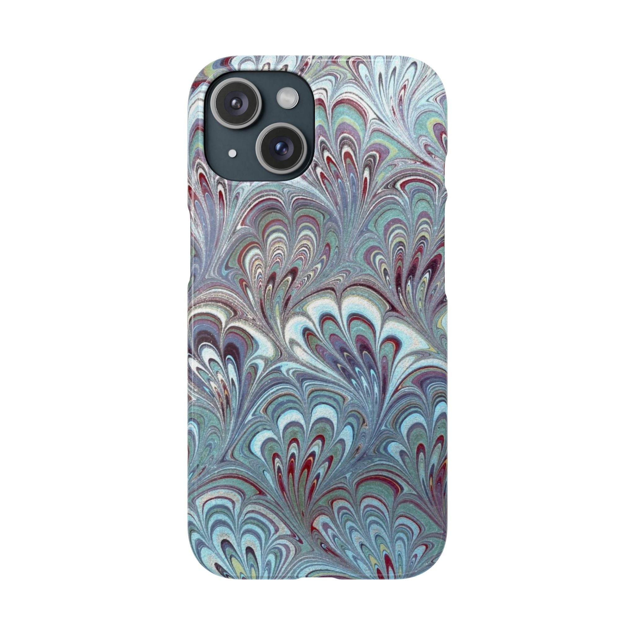 Marbled Feather Blue, White + Burgundy Swirl - Single Layer Slim Phone Case