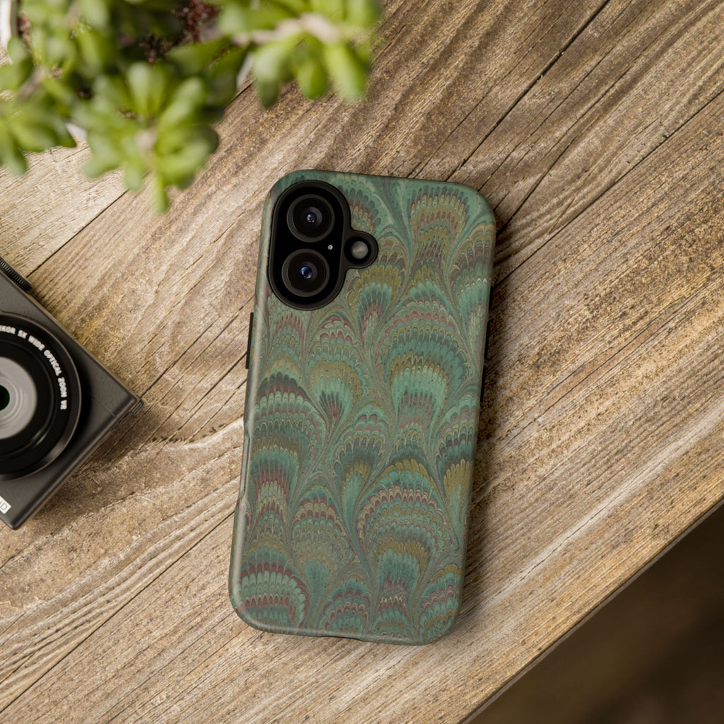Marbled Peacock Durable Phone Case - Olive Green and Brown - Matte or Glossy