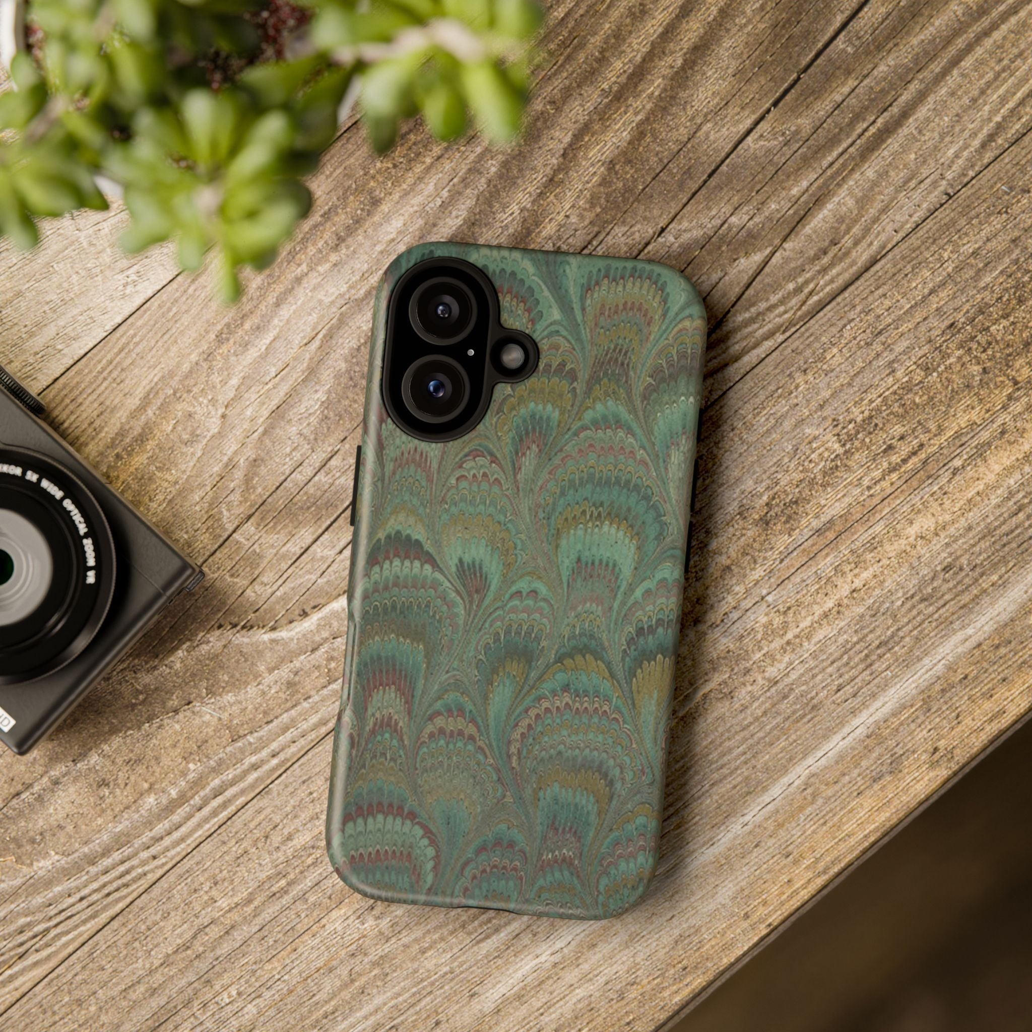 Marbled Peacock Durable Phone Case - Olive Green and Brown - Matte or Glossy