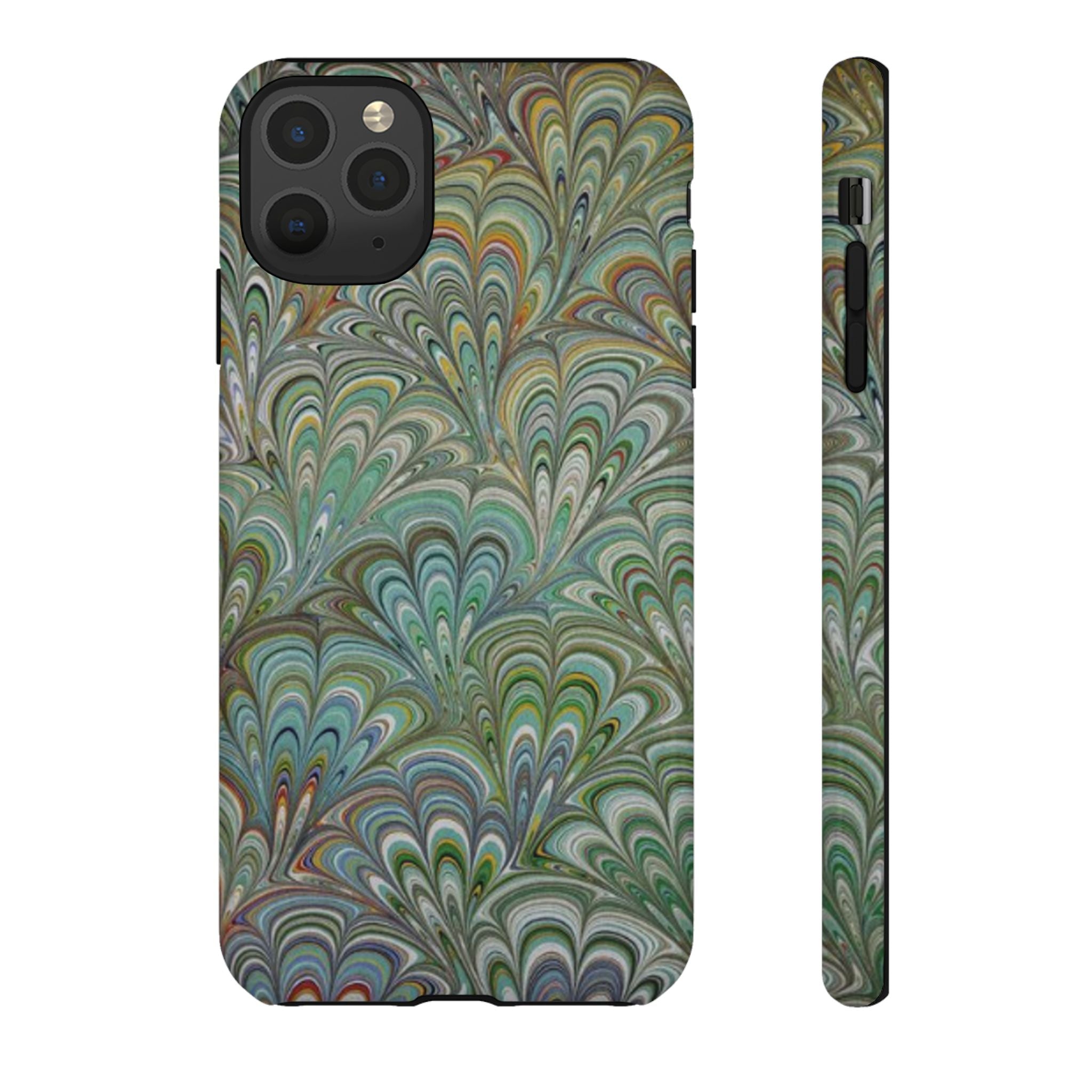 Green Marbled Peacock Durable Phone Case - Olive Green and Brown - Matte or Glossy