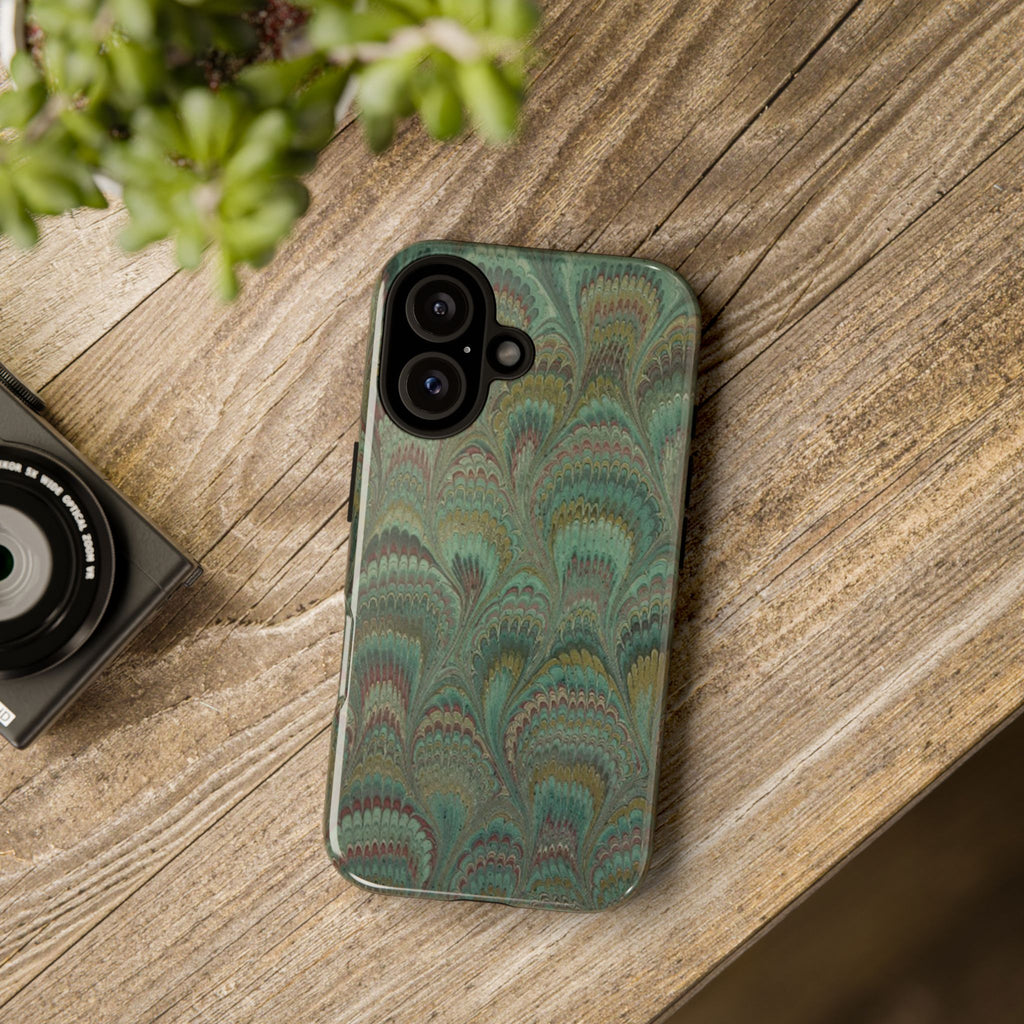 Marbled Peacock Durable Phone Case - Olive Green and Brown - Matte or Glossy