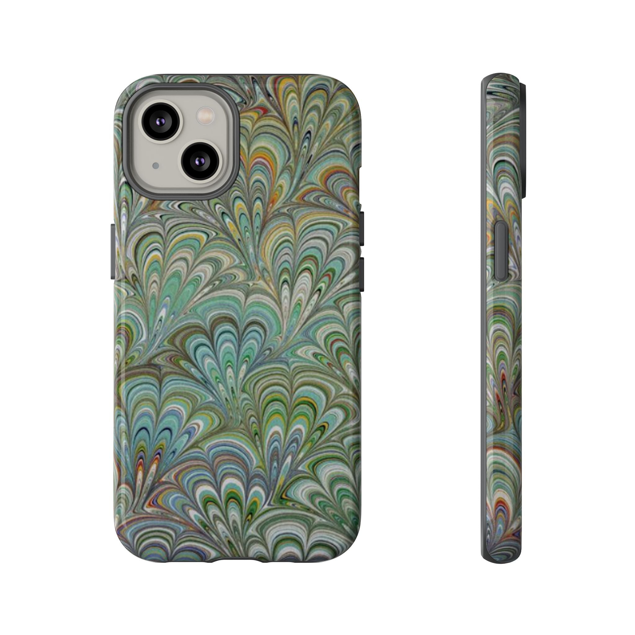 Green Marbled Peacock Durable Phone Case - Olive Green and Brown - Matte or Glossy