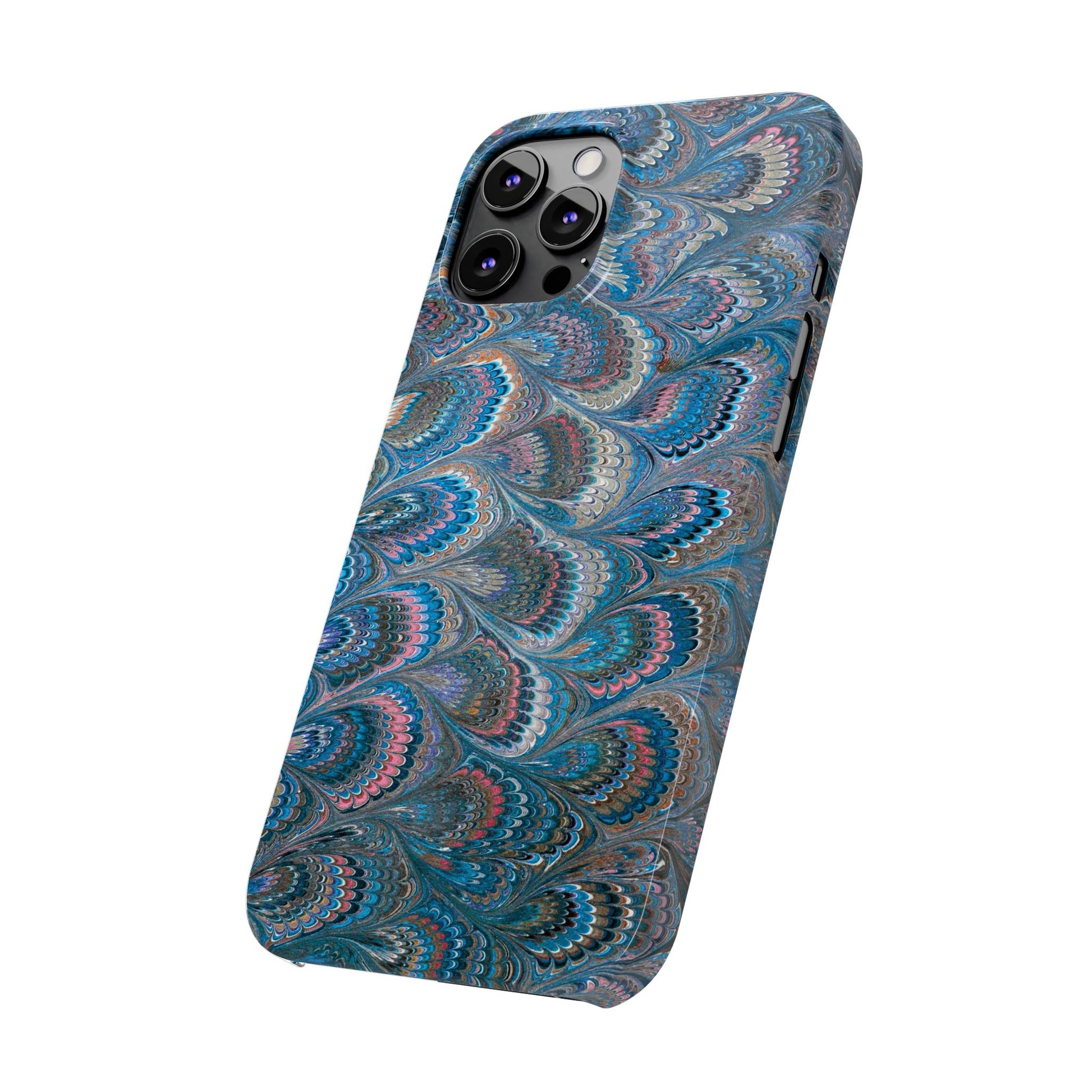 Blue and Pink FEATHER PEACKOCK Marbled VIntage Design, Italian Feather Phone Case, Slim Phone Cases, IPHONE 16 and all sizes