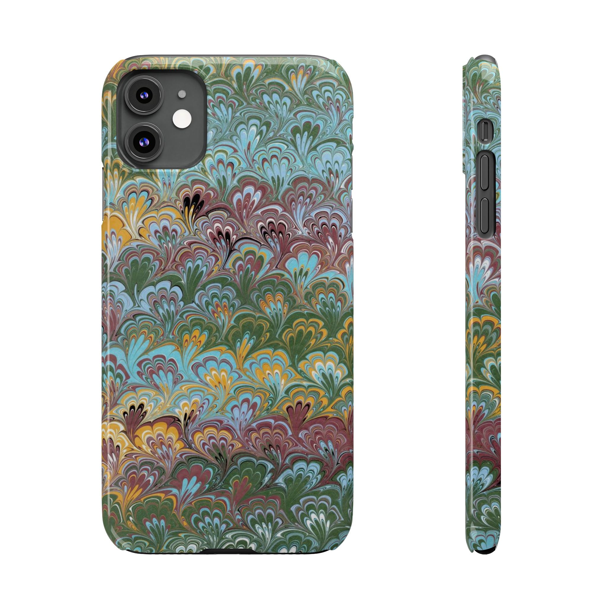 Phone Case with Design from Italy - Marbled "Peacock" Design, Green, Blue, Multi-Color Slim Phone Cases