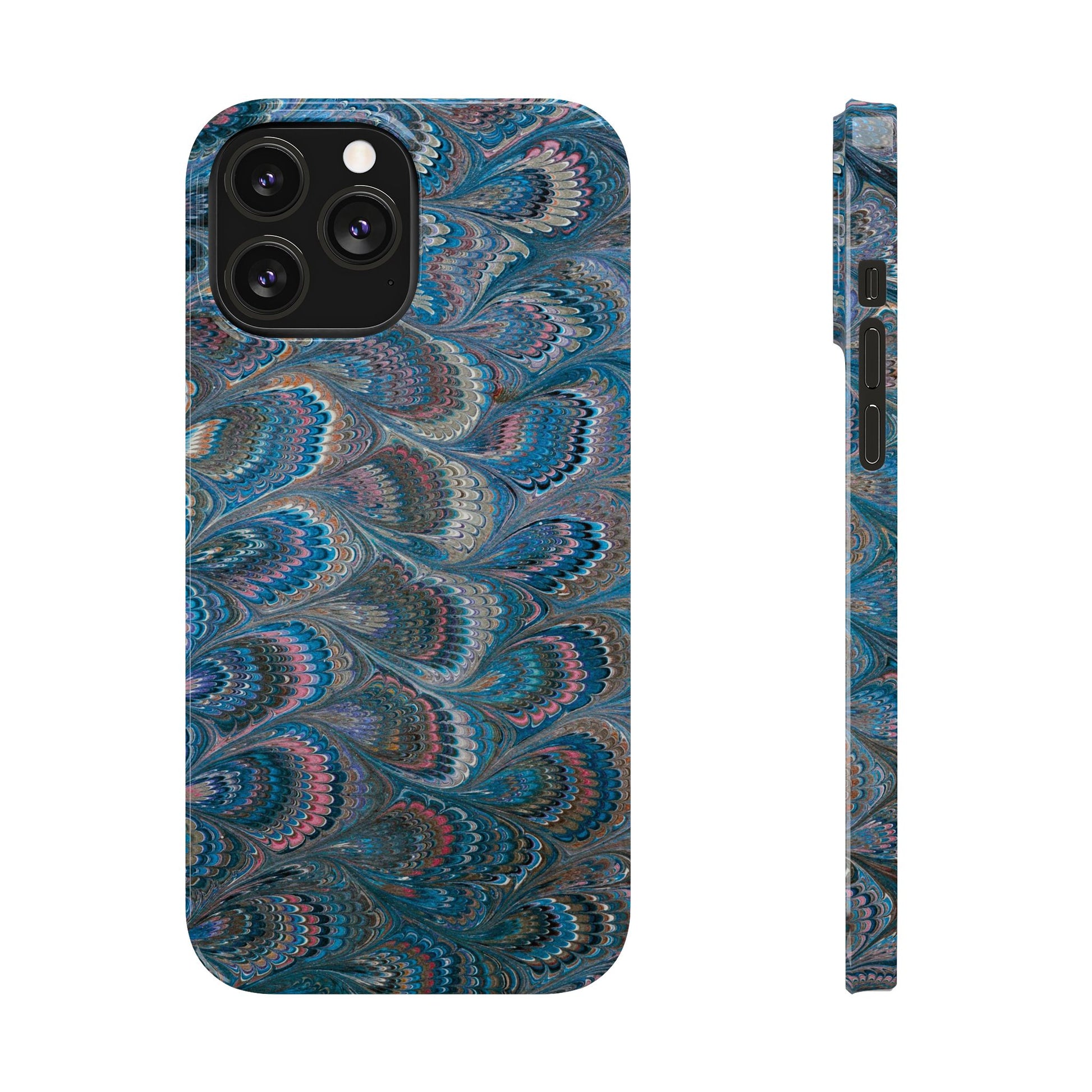 Blue and Pink FEATHER PEACKOCK Marbled VIntage Design, Italian Feather Phone Case, Slim Phone Cases, IPHONE 16 and all sizes